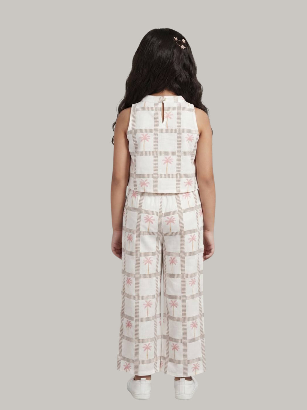 Girls Checked Printed Co-Ord Set with Sleeveless Keyhole Top & Wide Leg Pants