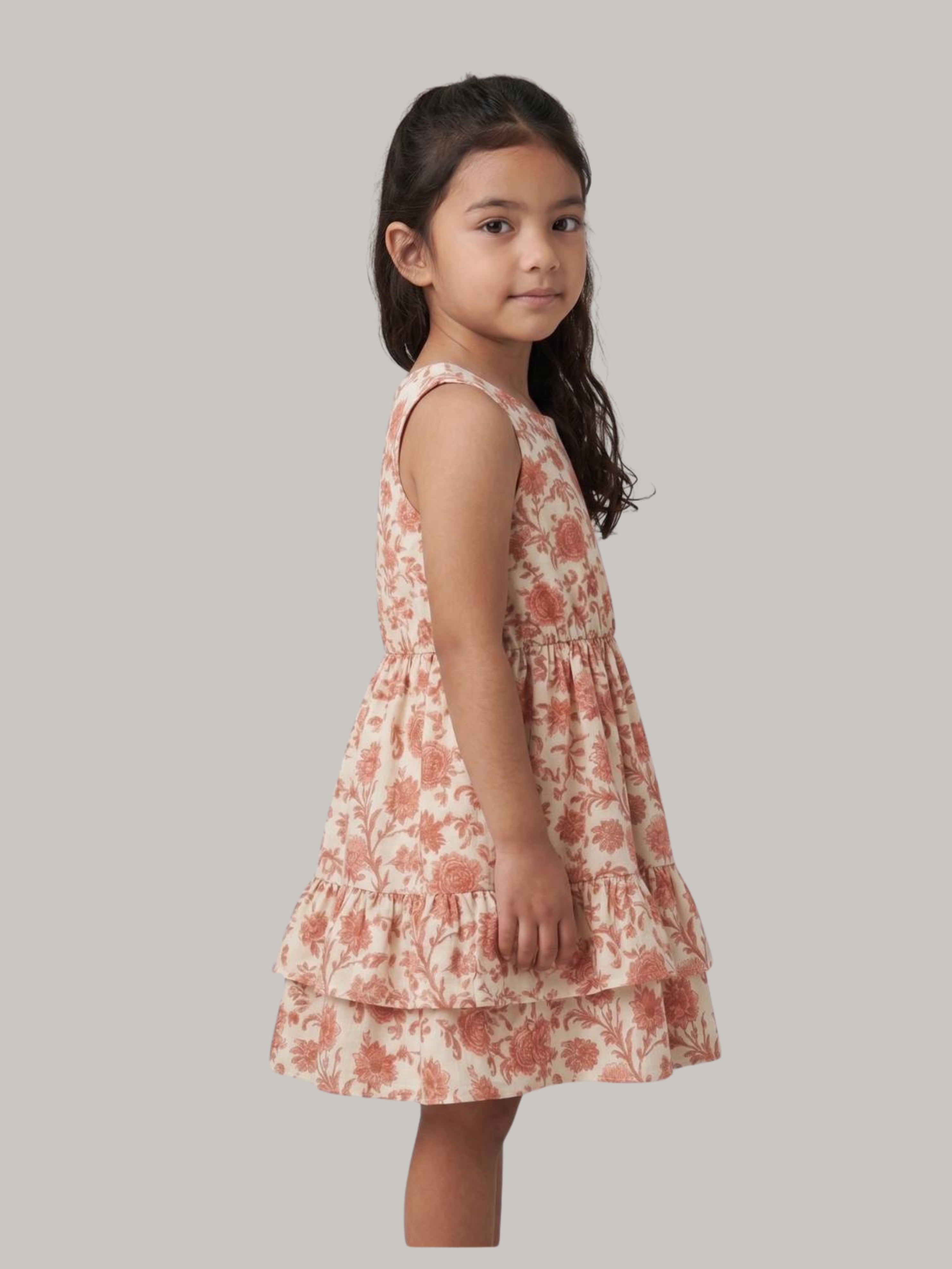 Peach floral printed sleeveless tiered dress for girls.