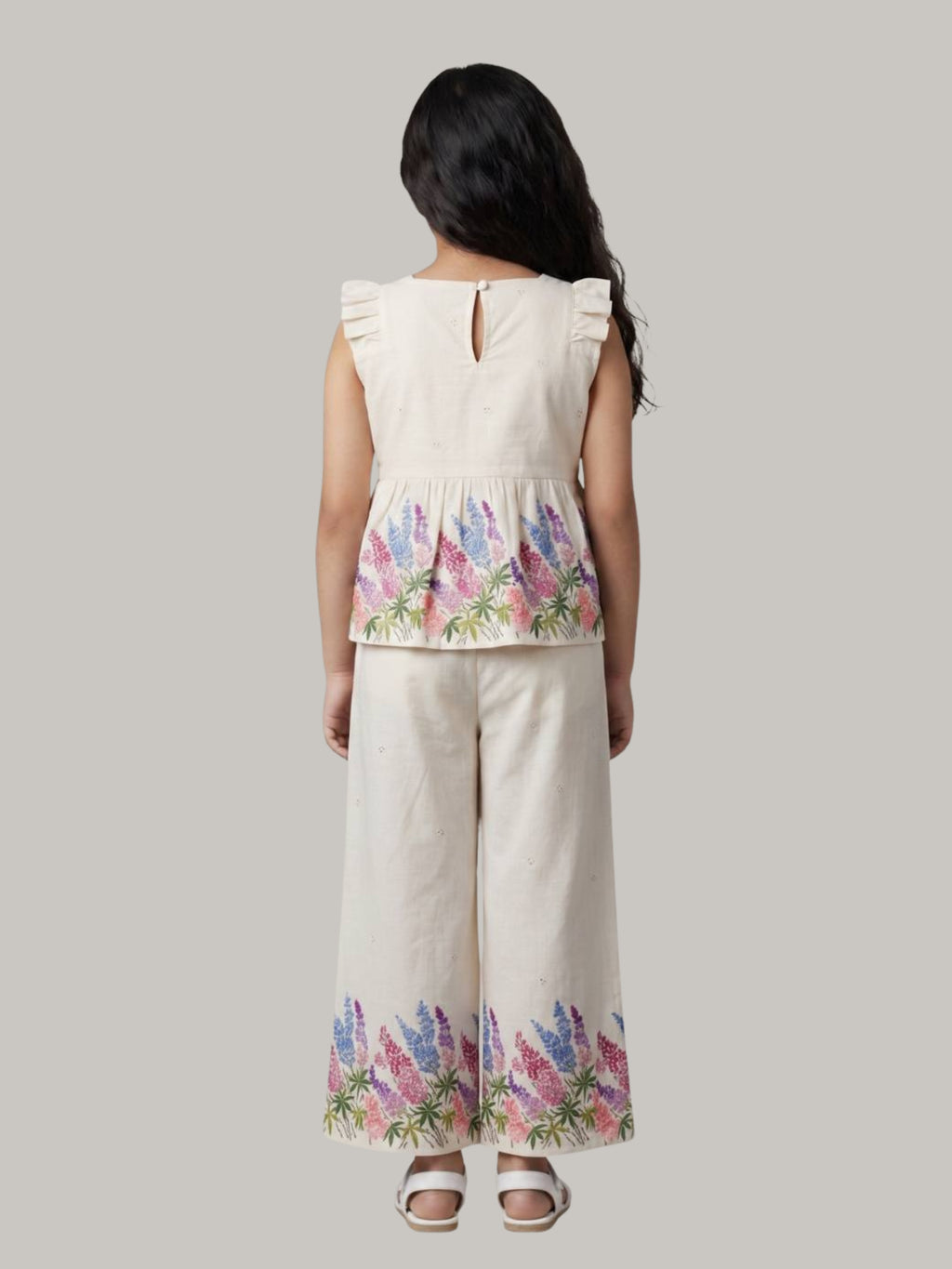 Girls' Off-White Floral Print Peplum Top with Wide-Leg Pants Co-Ord Set