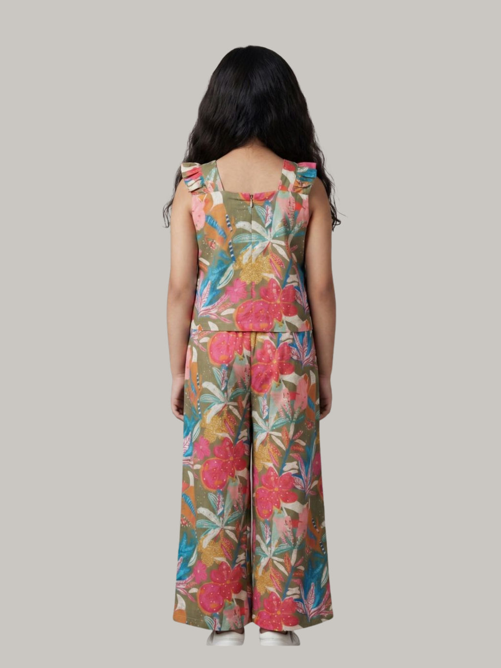Girls Floral Printed Co-Ord Set with Sleeveless Top & Wide Leg Pants