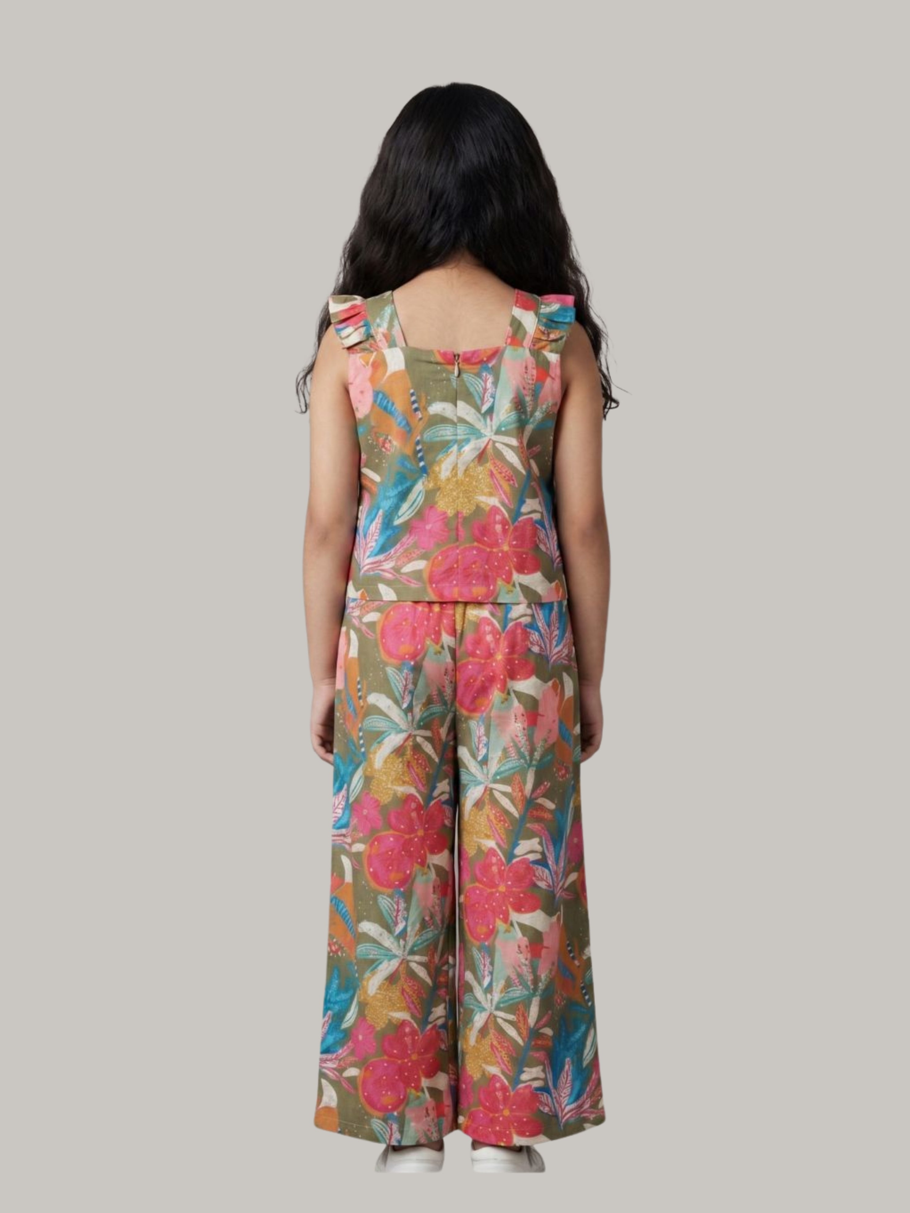 Girls Floral Printed Co-Ord Set with Sleeveless Top & Wide Leg Pants
