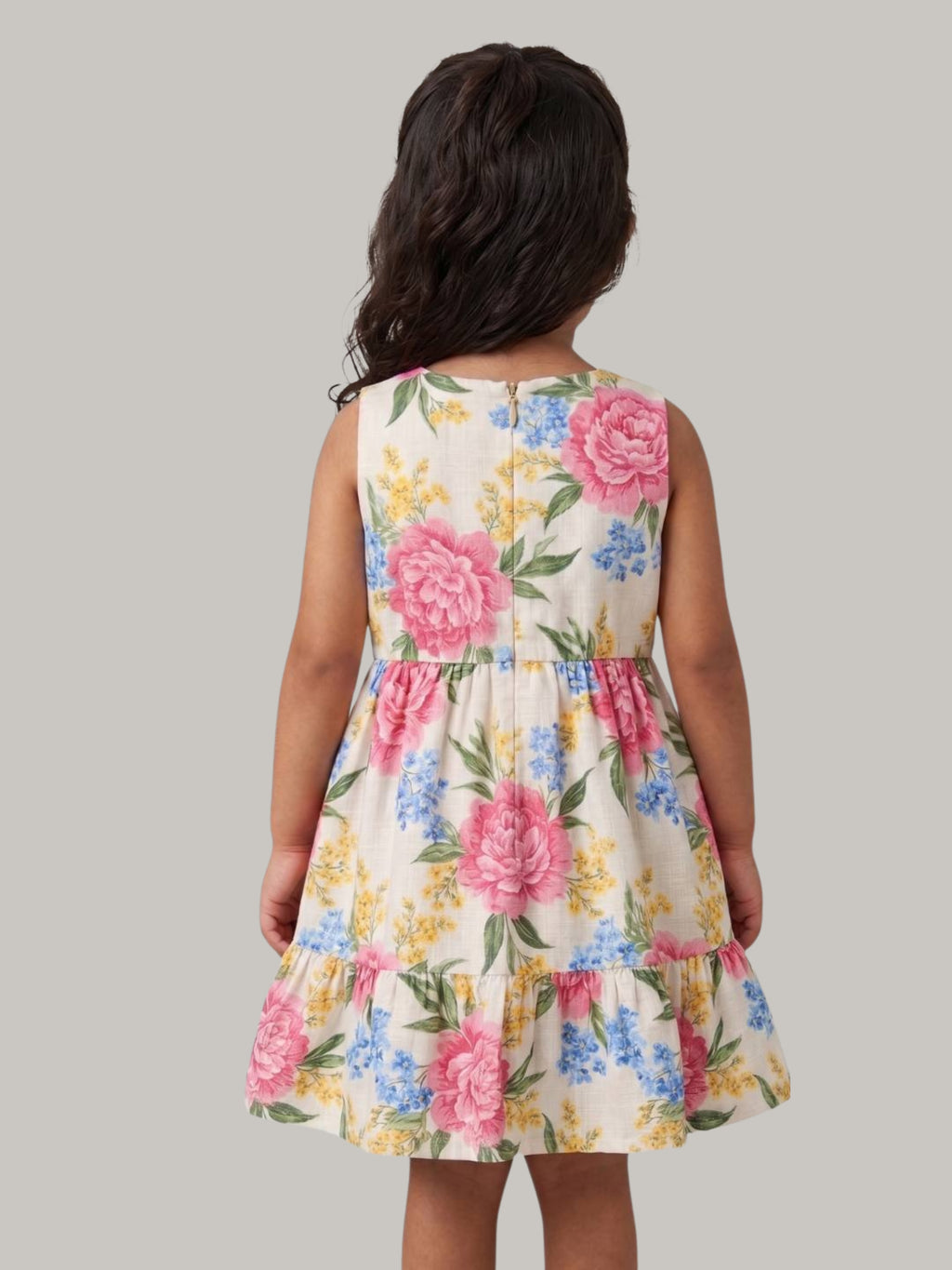 Girls Floral Sleeveless Tiered Cotton Dress