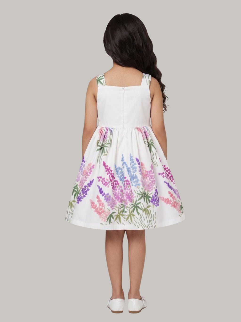 Girls' White Floral Print Fit & Flare Party Dress with Pink Bow