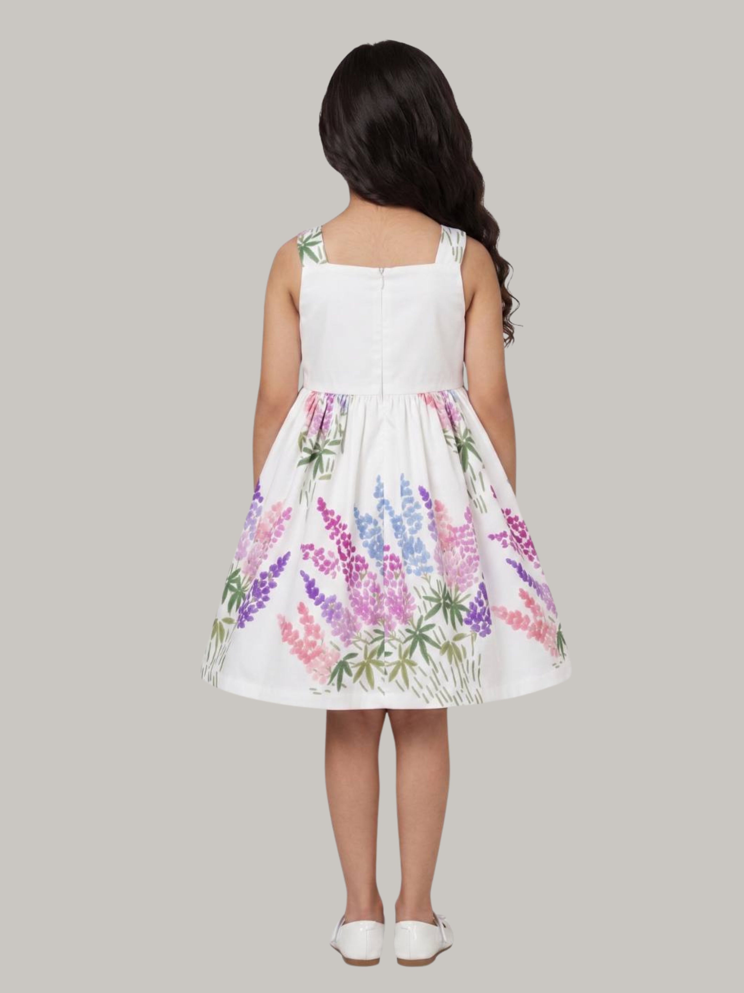 Girls' White Floral Print Fit & Flare Party Dress with Pink Bow