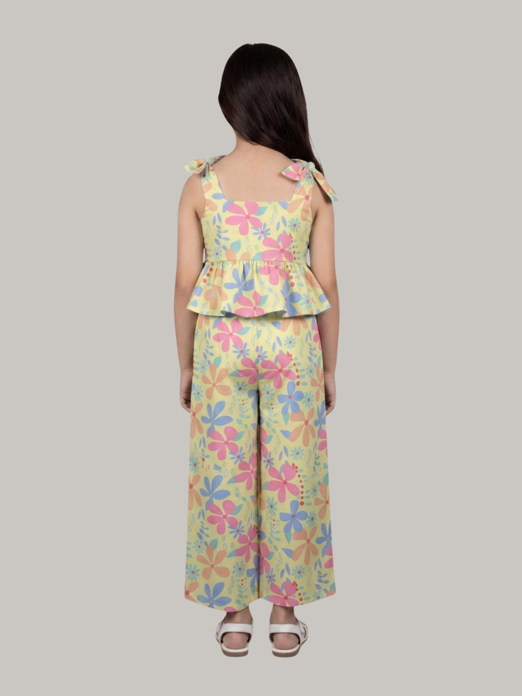 Girls Floral Printed Co-Ord Set with Tie-Up Shoulder Peplum Top & Wide Leg Pants