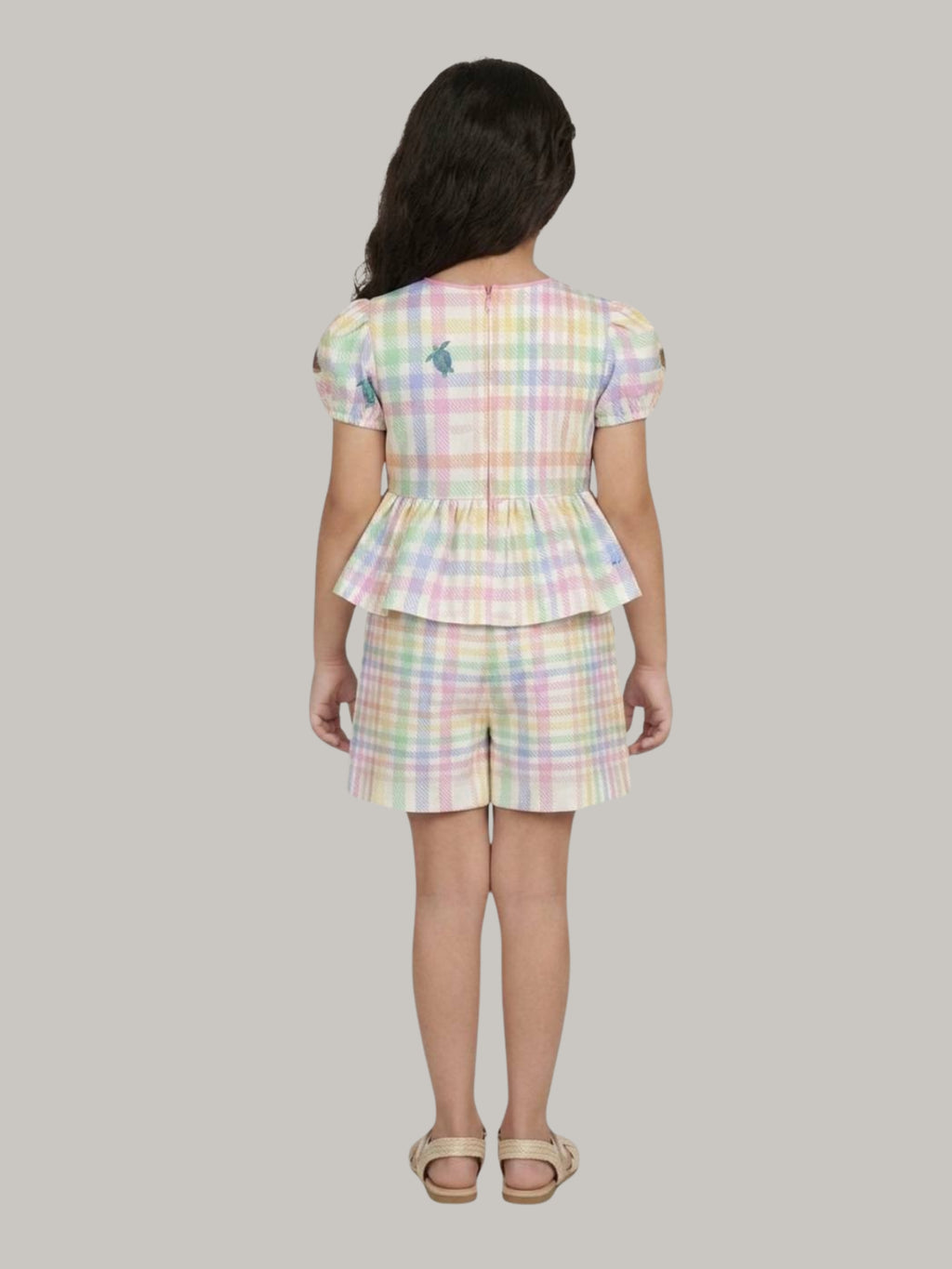 Girls' Multicolor Plaid Printed Top & Shorts Co-Ord Set