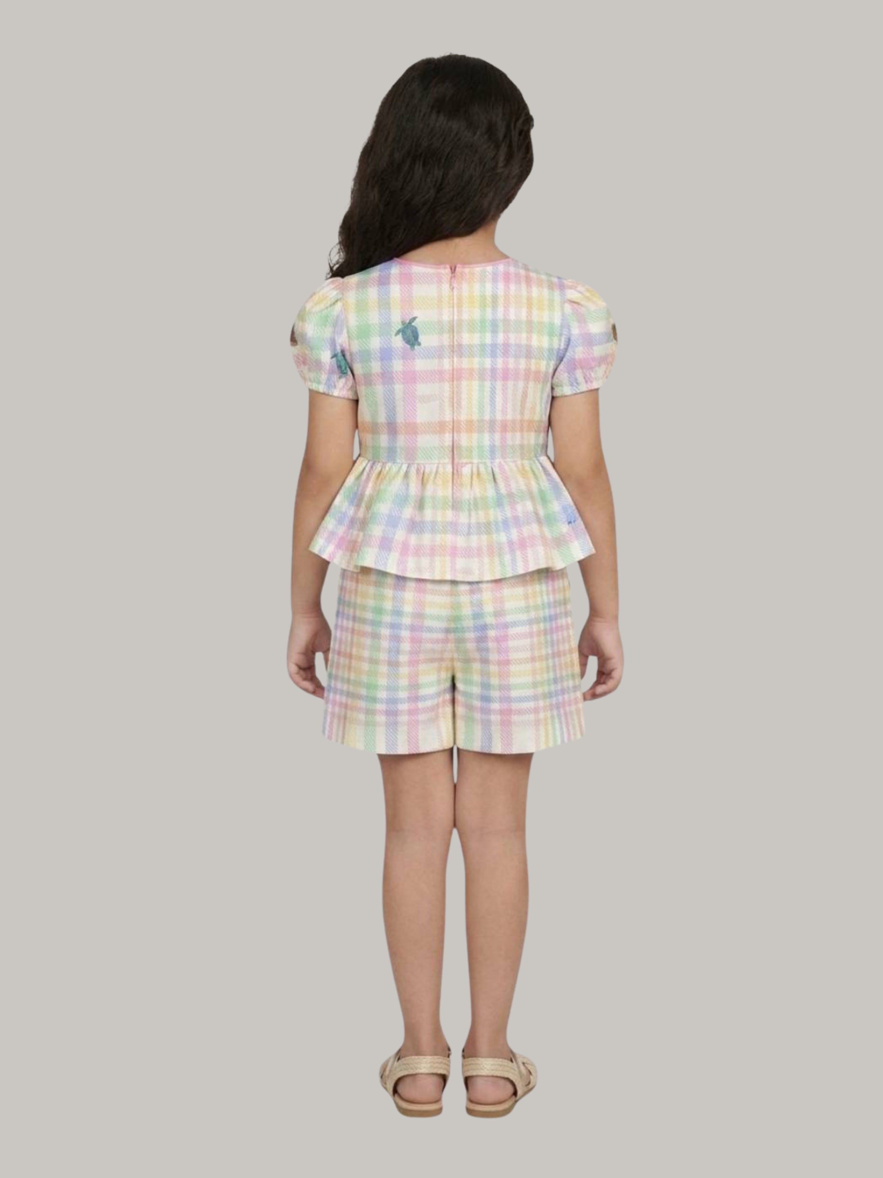 Girls' Multicolor Plaid Printed Top & Shorts Co-Ord Set