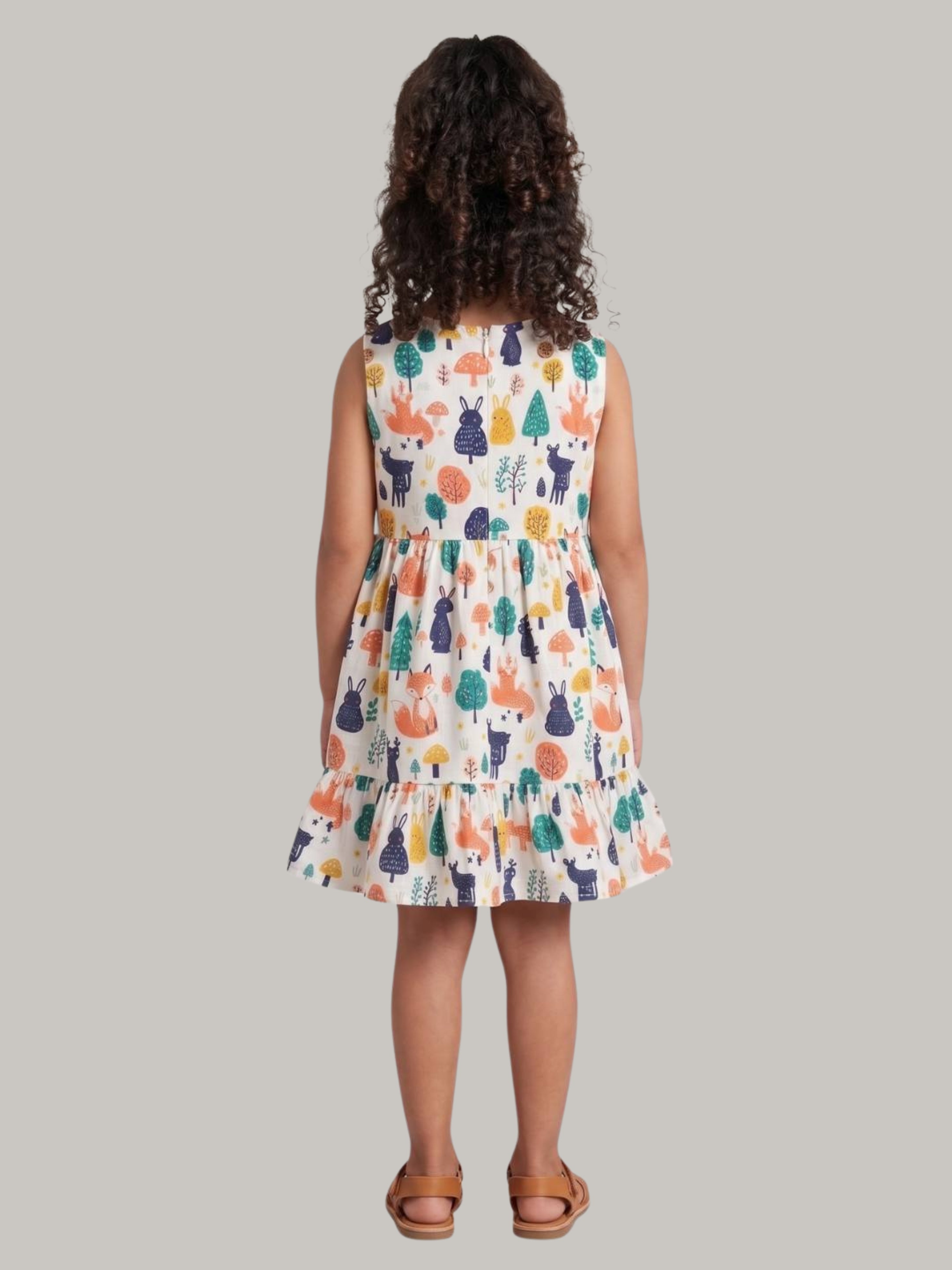 Cute animal printed sleeveless tiered dress for girls.