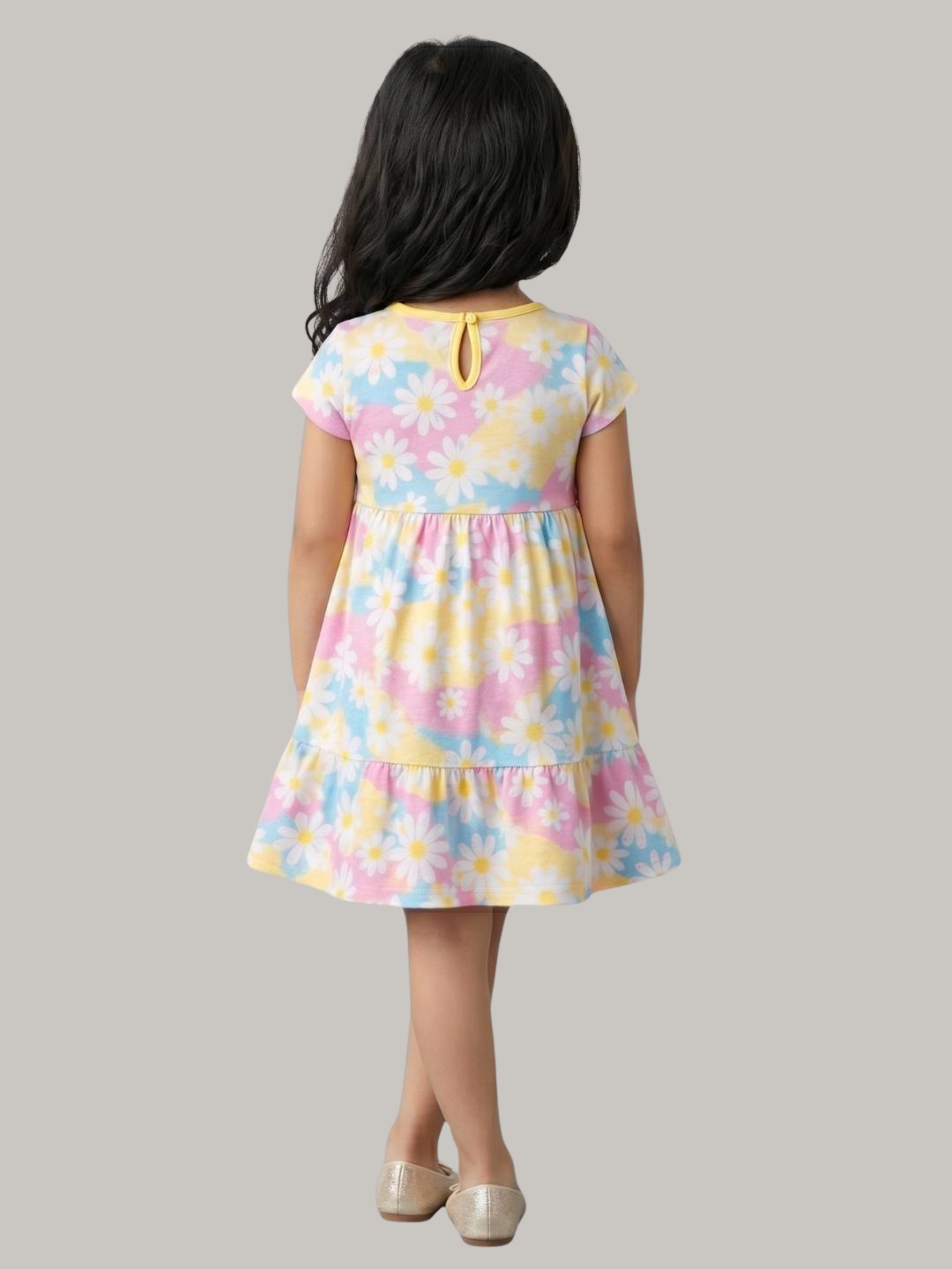 Girls' Pastel Floral Print Short Sleeve Dress