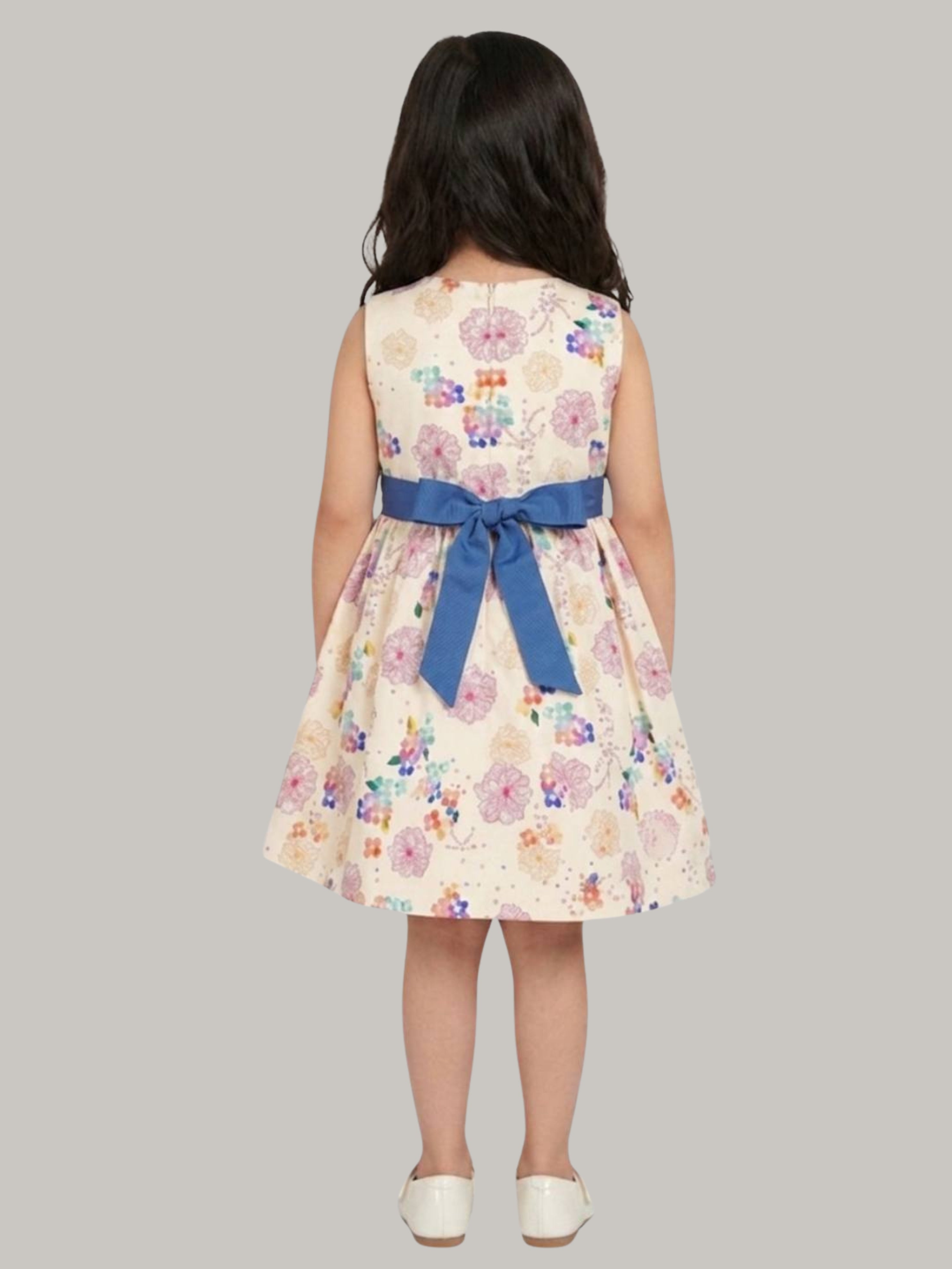 Girls' Cream Floral Print Fit & Flare Dress with Contrast Blue Bow