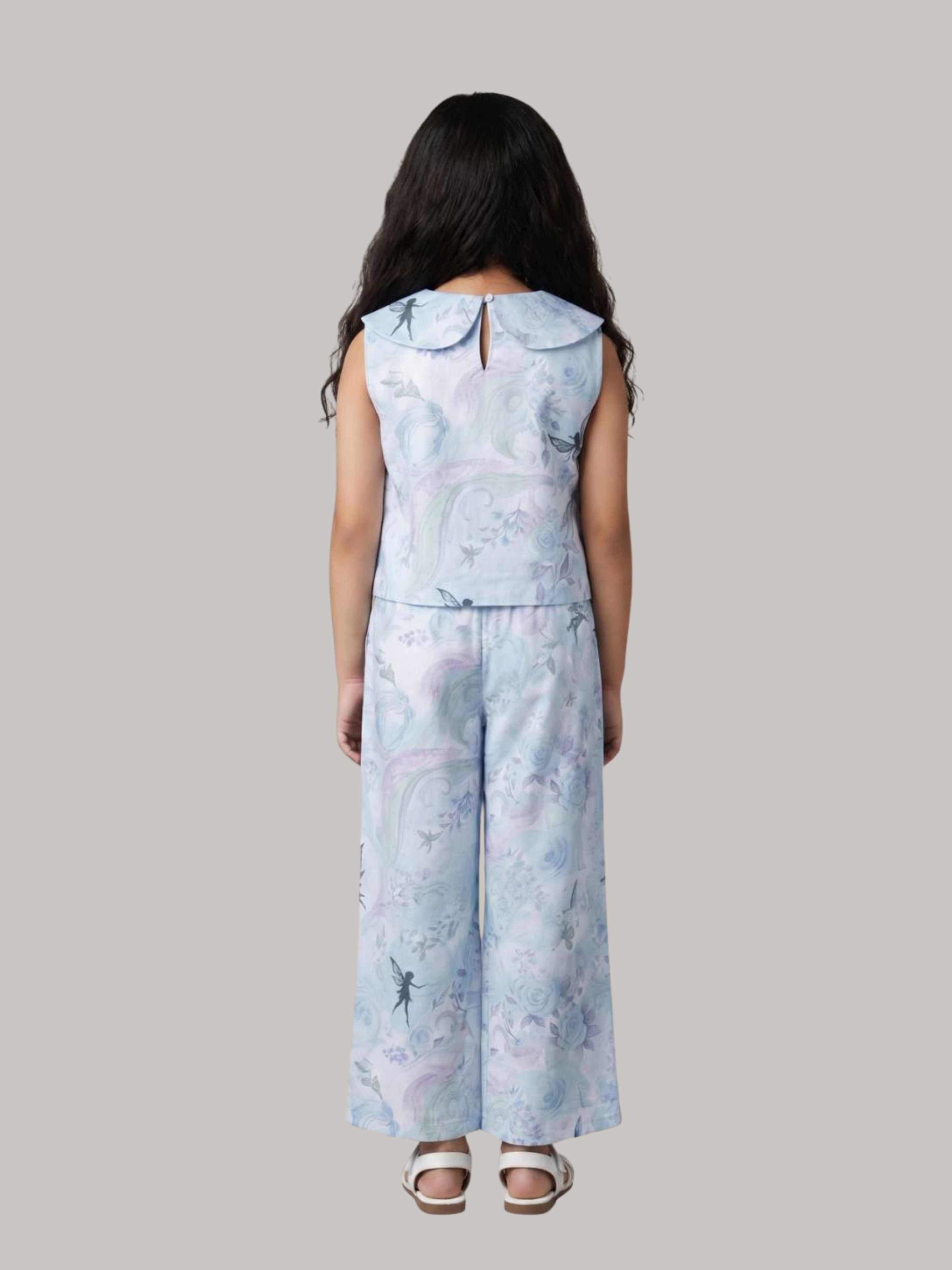 Girls' Elegant Blue Printed Top & Wide-Leg Pants Outfit