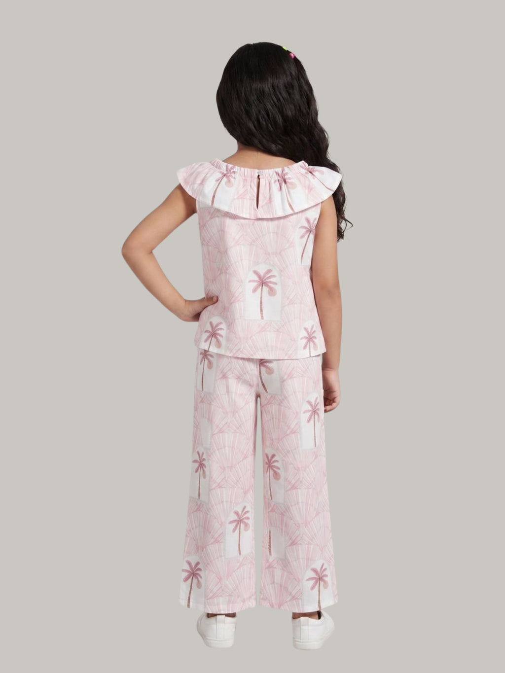Girls' Pink Palm Tree Printed Co-Ord Set with Palazzo Pants
