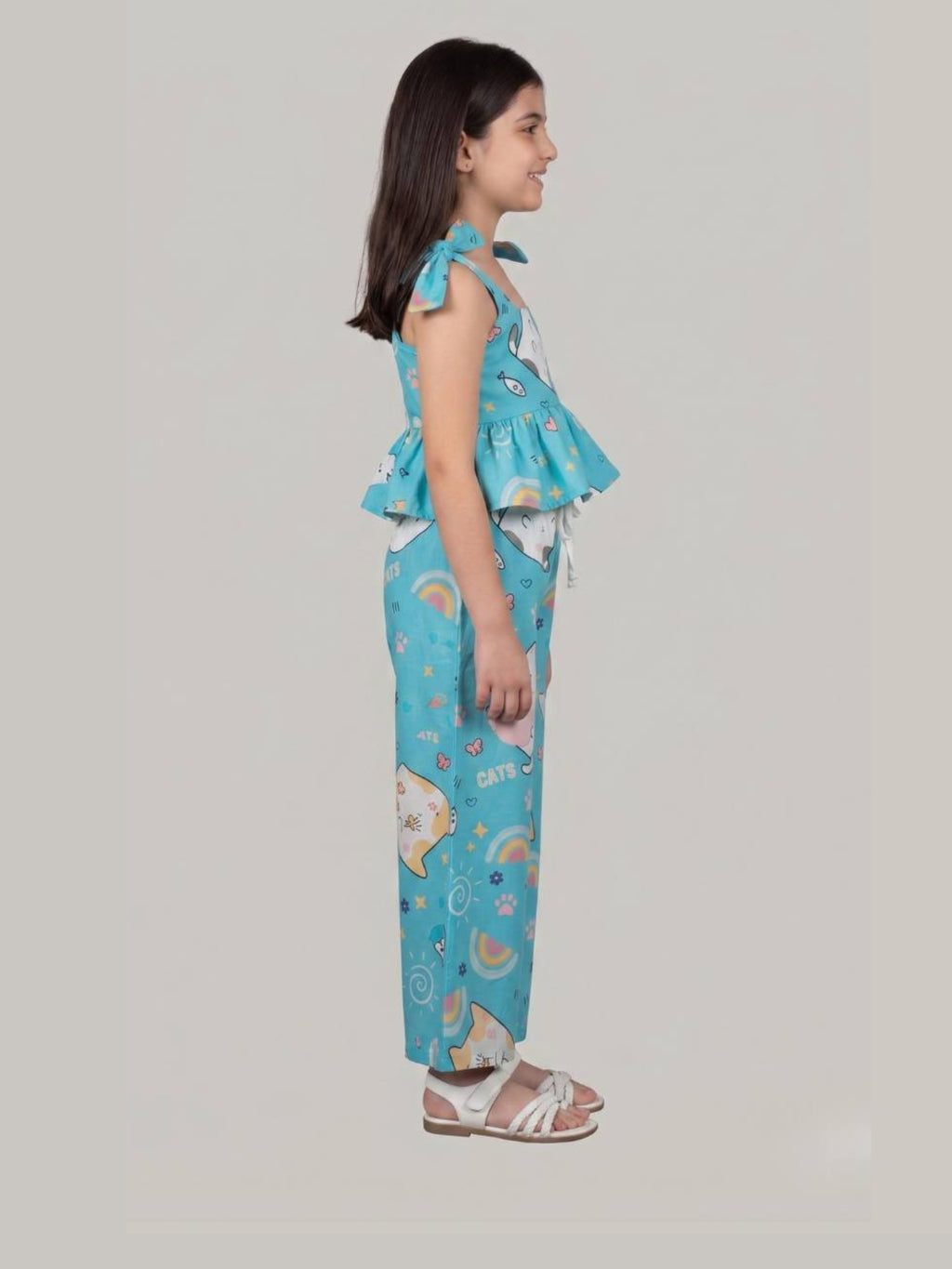 Girls Cat Print Co-Ord Set with Sleeveless Peplum Top & Wide Leg Pants