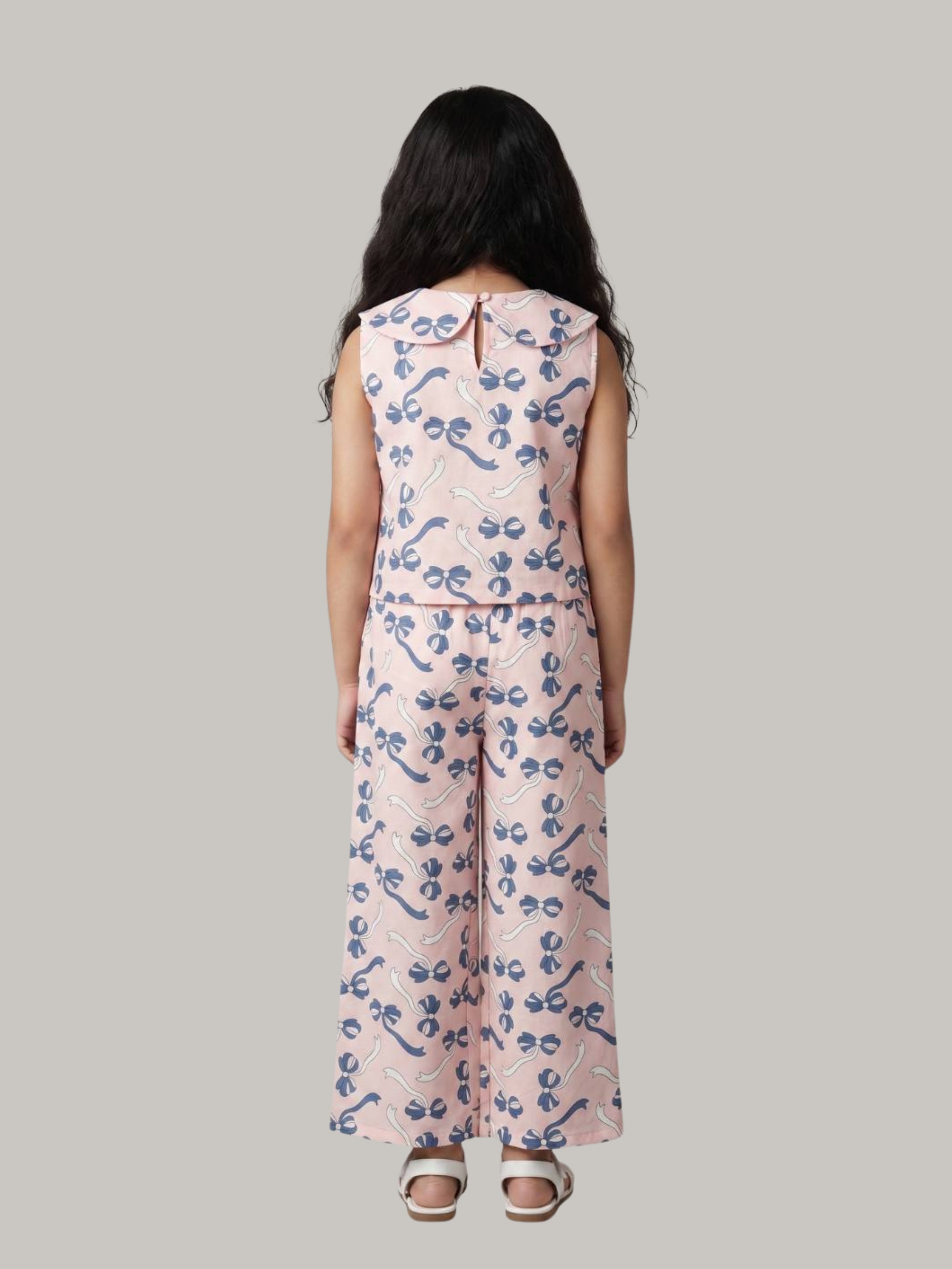 Girls Bow Print Co-Ord Set with Sleeveless Top & Straight Fit Pants