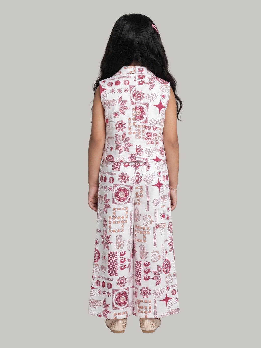Girls Ethnic Printed Co-Ord Set with Sleeveless Buttoned Top & Wide Leg Pants