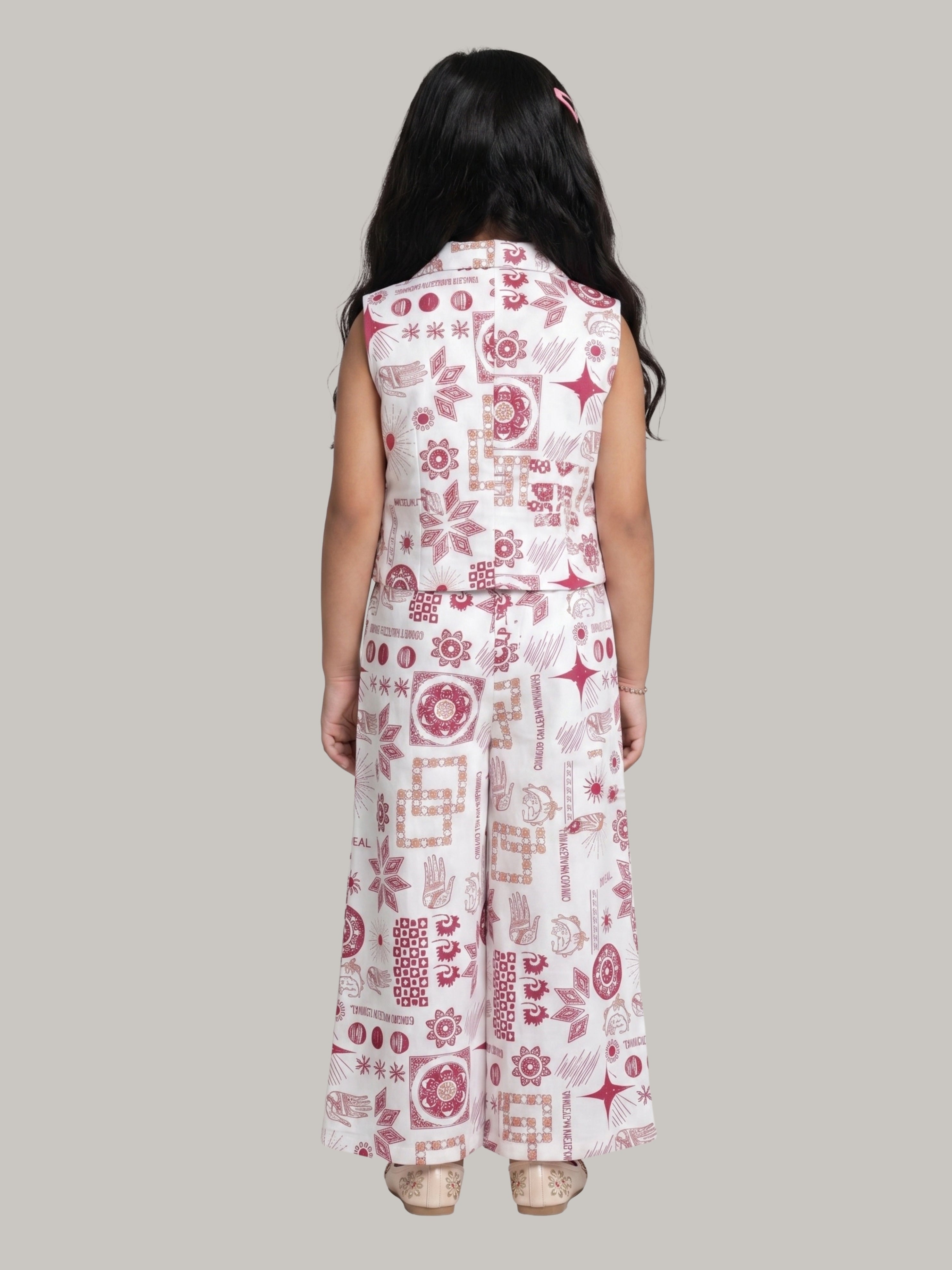 Girls Ethnic Printed Co-Ord Set with Sleeveless Buttoned Top & Wide Leg Pants