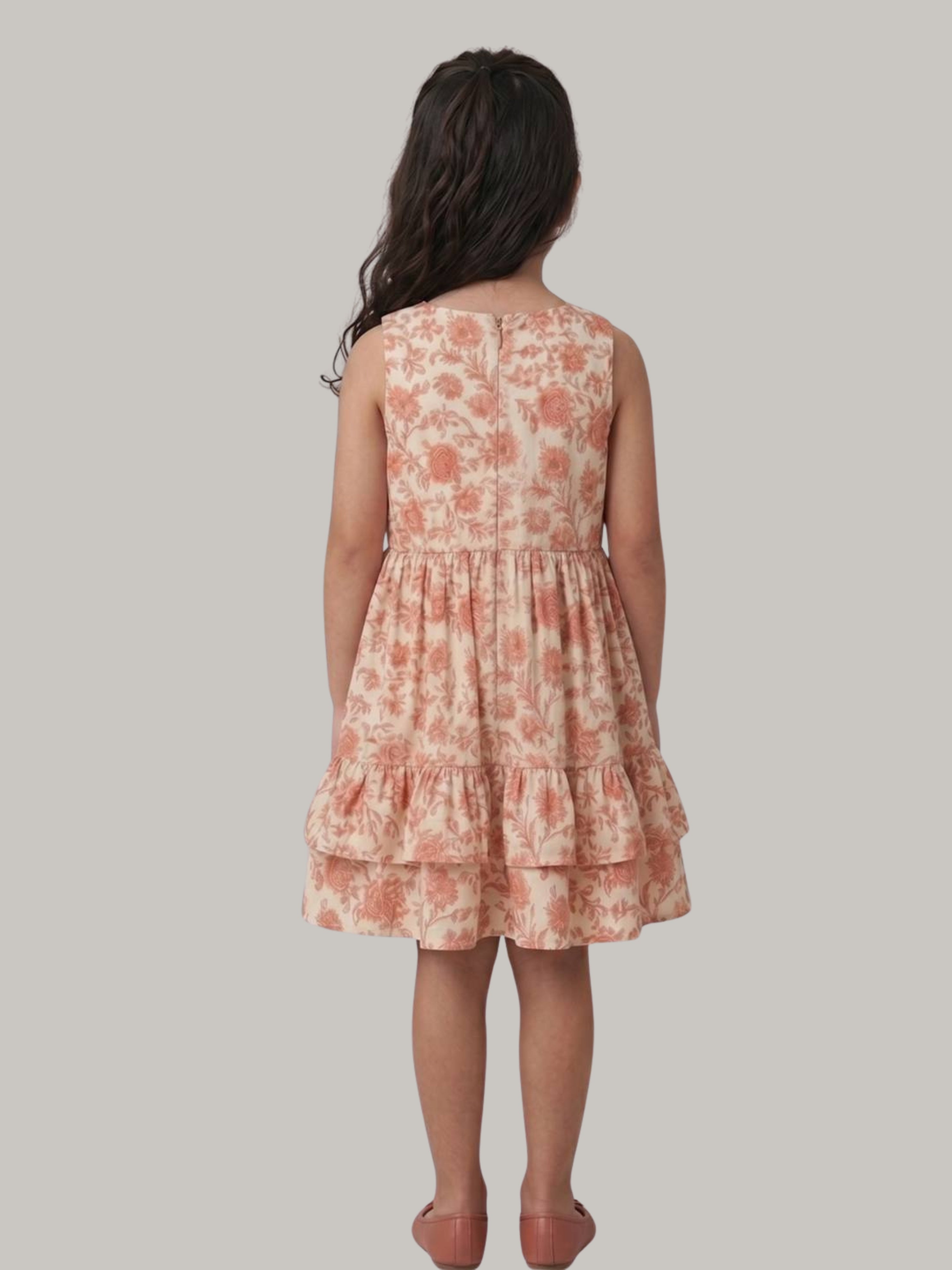 Peach floral printed sleeveless tiered dress for girls.