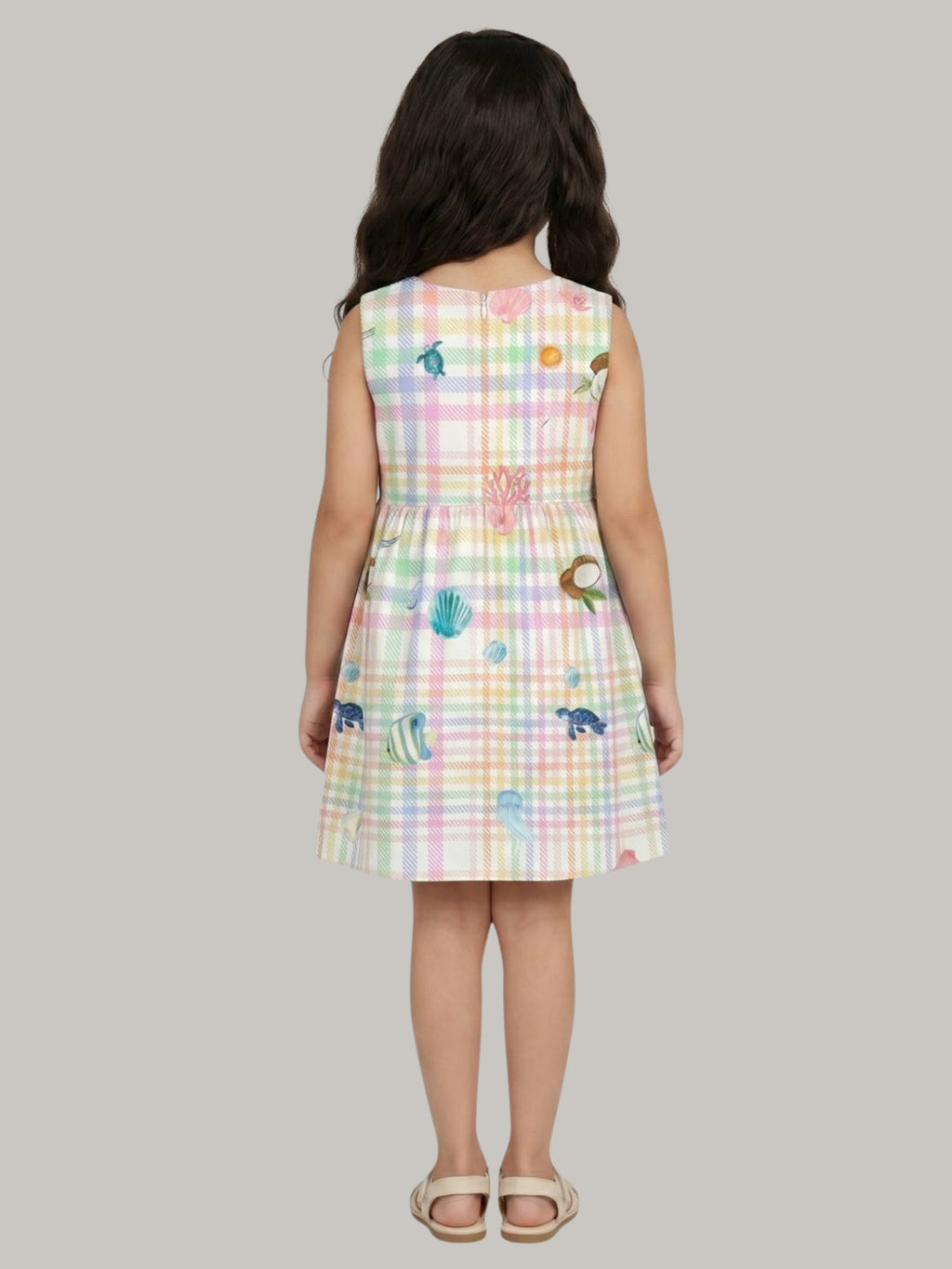 Girls' Pastel Plaid Printed A-Line Dress with Contrast Bow