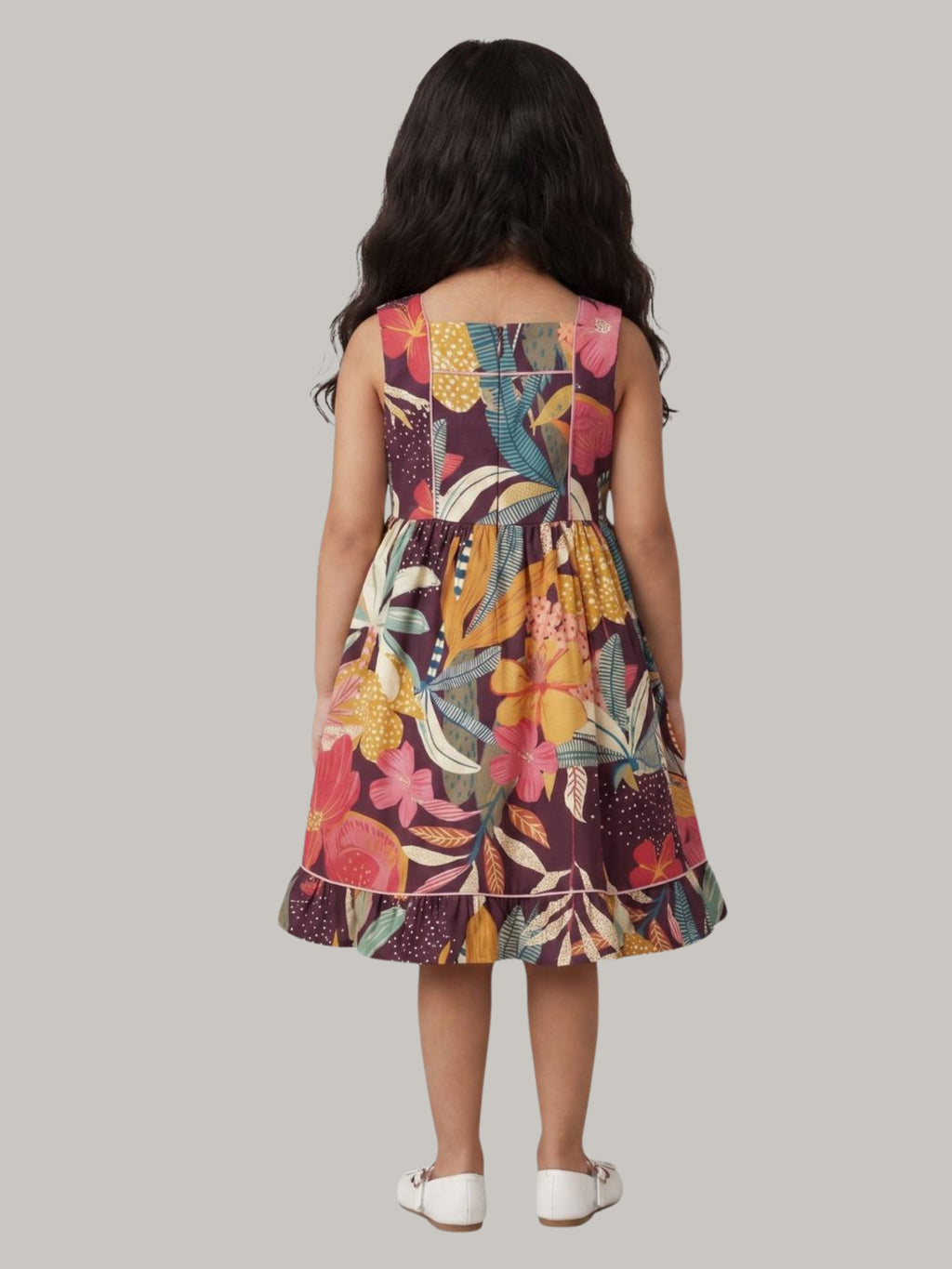 Tropical floral printed sleeveless flare dress for girls.