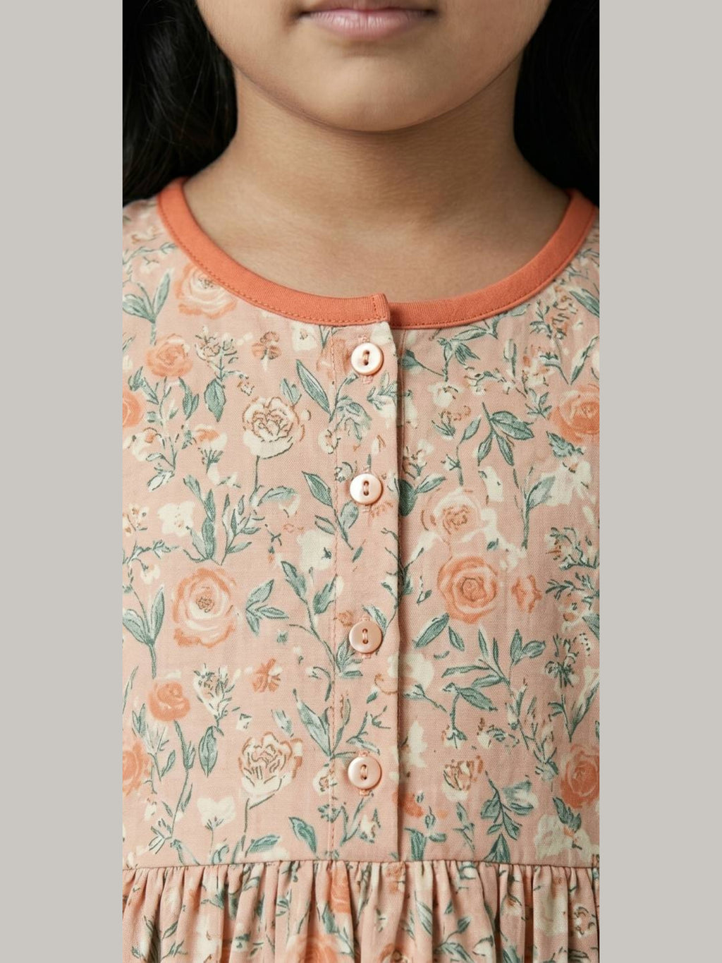 Girls' Peach Floral Print Fit & Flare Dress