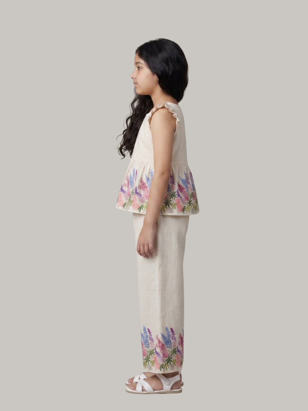 Girls' Off-White Floral Print Peplum Top with Wide-Leg Pants Co-Ord Set