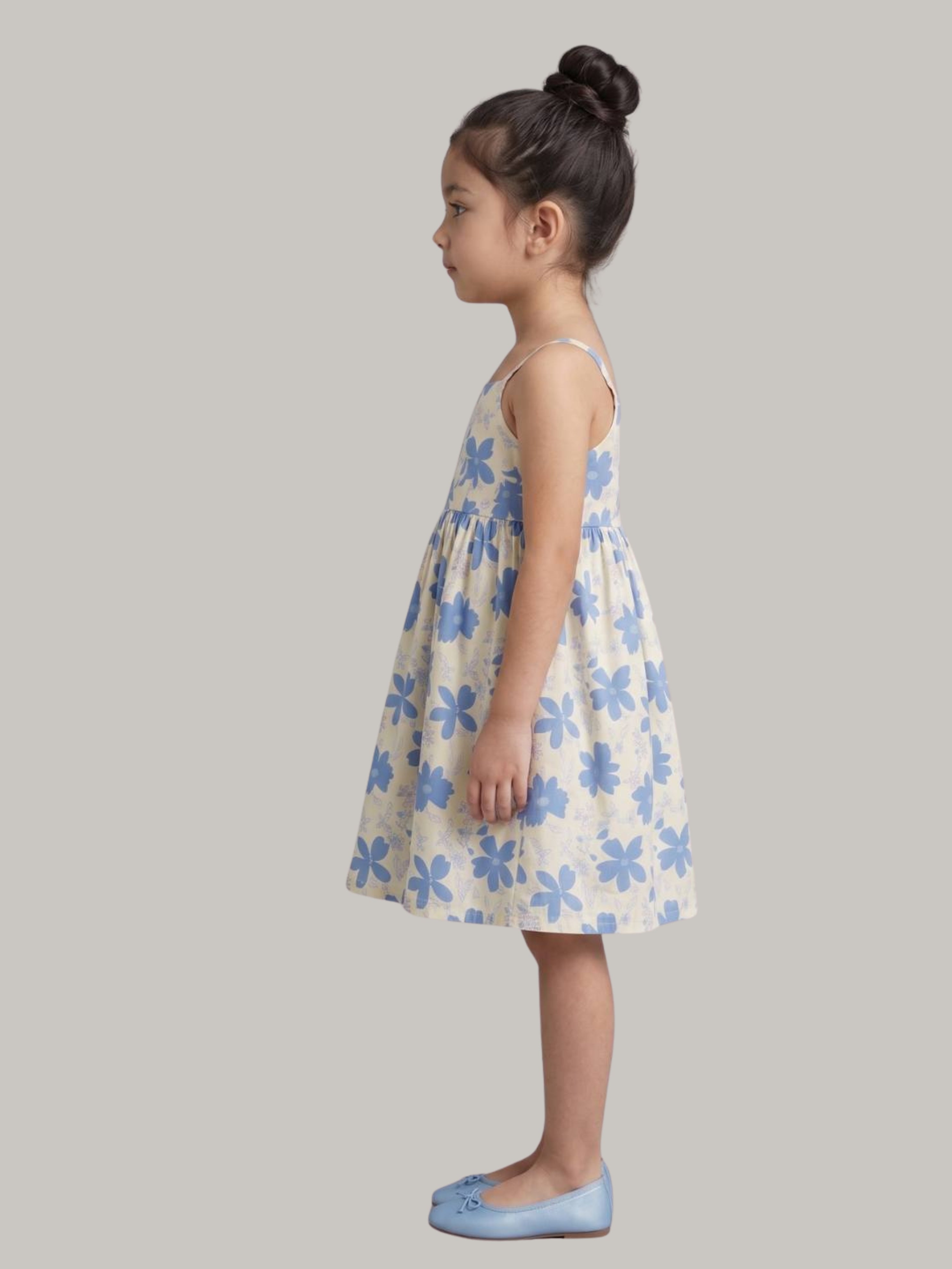 Blue floral printed sleeveless fit & flare dress for girls.