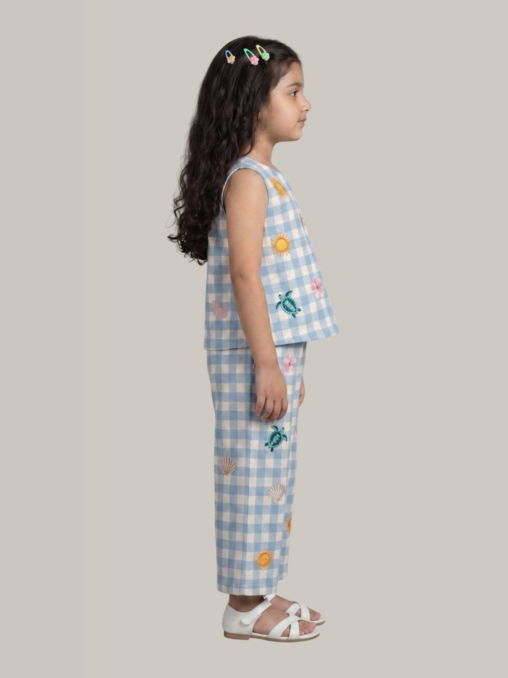 Girls' Blue Gingham Checked Sleeveless Top with Wide-Leg Pants Co-Ord Set