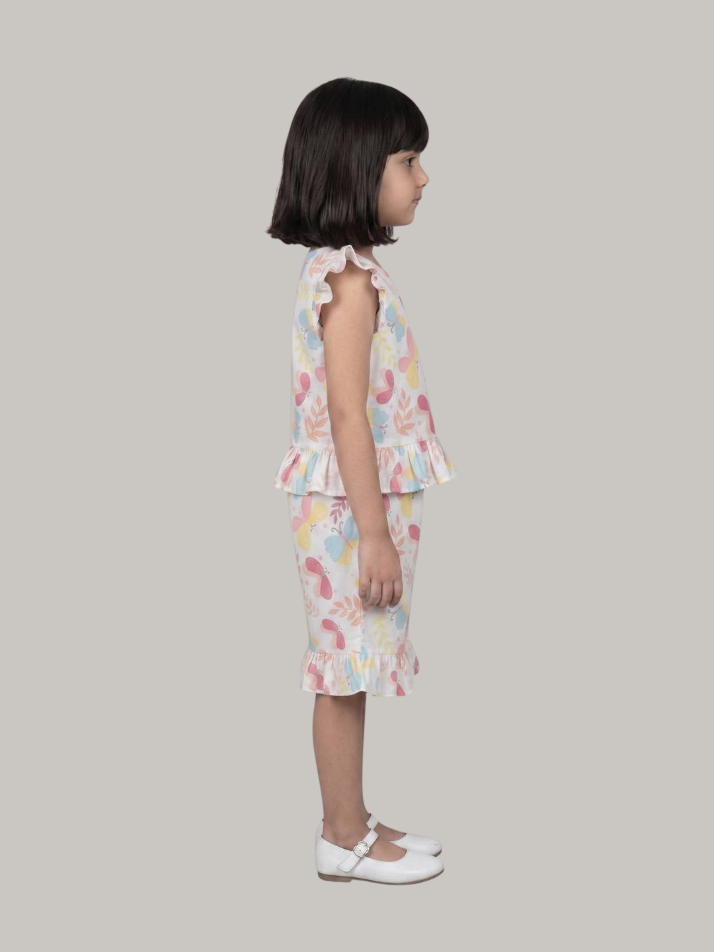 Girls' Multicolor Butterfly Print Ruffle Top with Flared Capri Pants Co-Ord Set