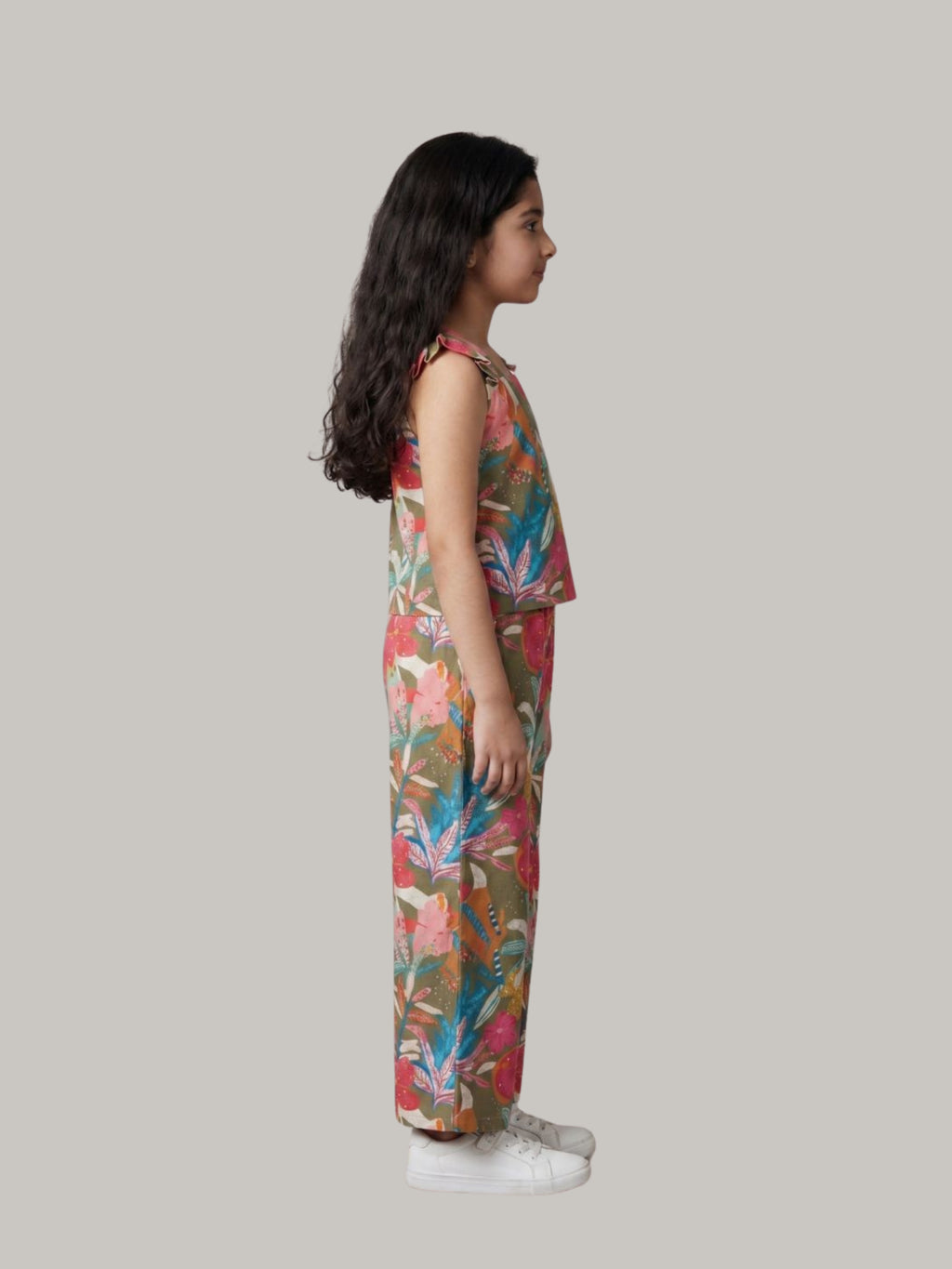 Girls Floral Printed Co-Ord Set with Sleeveless Top & Wide Leg Pants