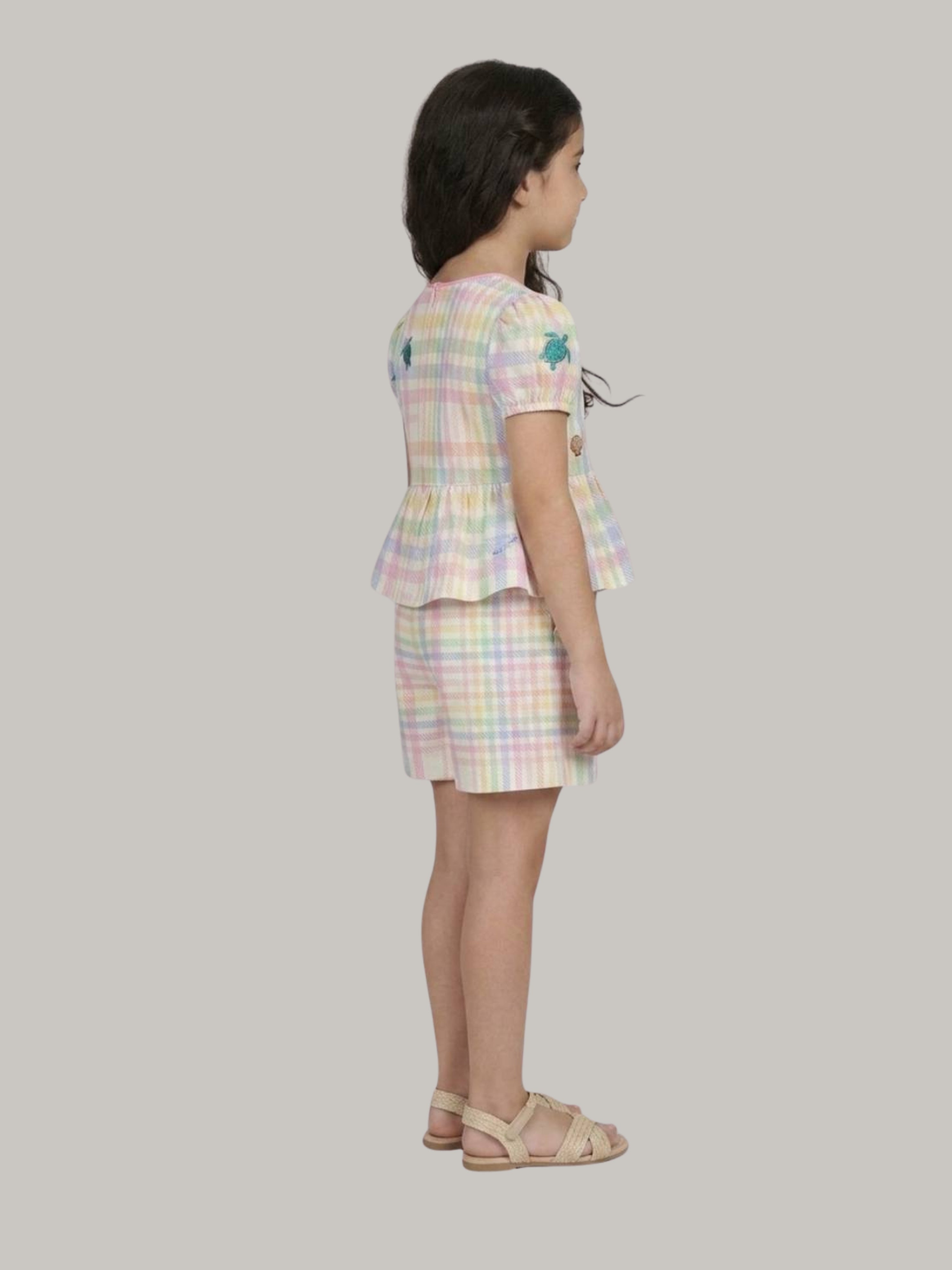 Girls' Multicolor Plaid Printed Top & Shorts Co-Ord Set