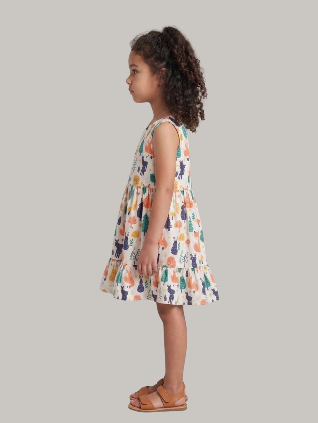 Cute animal printed sleeveless tiered dress for girls.