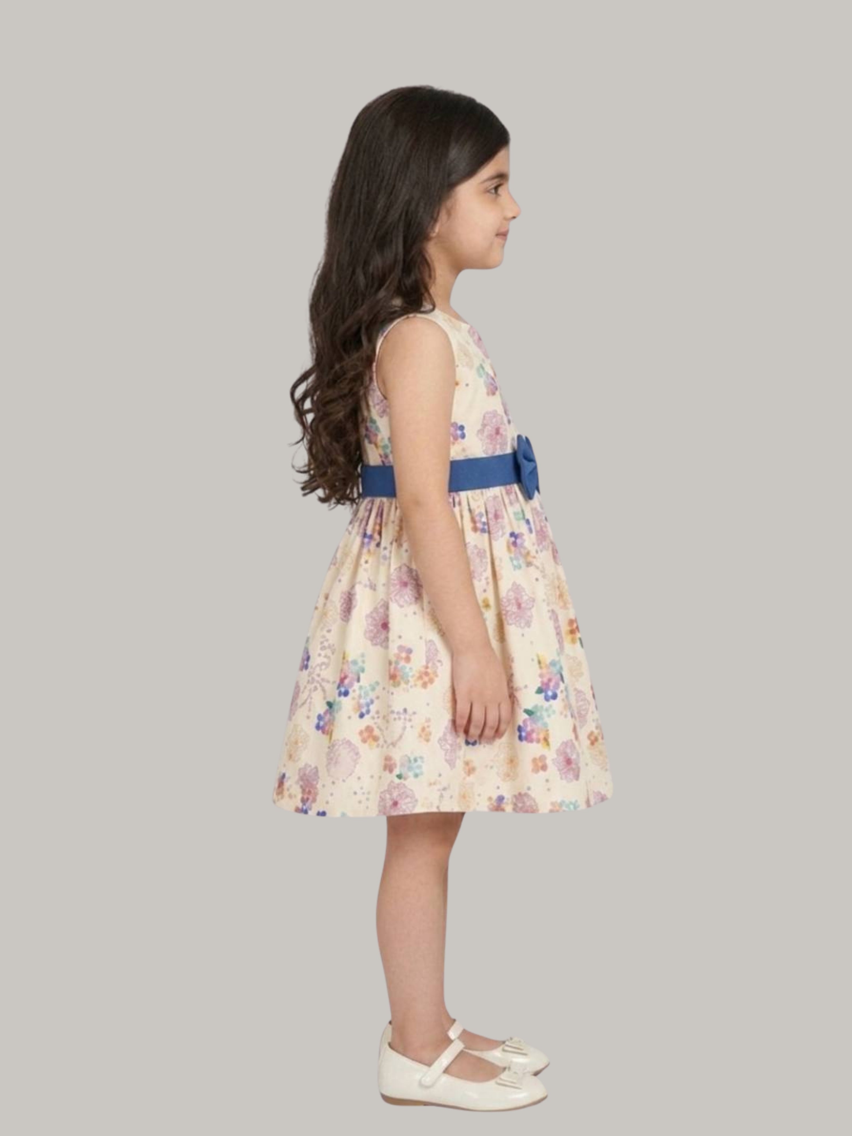 Girls' Cream Floral Print Fit & Flare Dress with Contrast Blue Bow