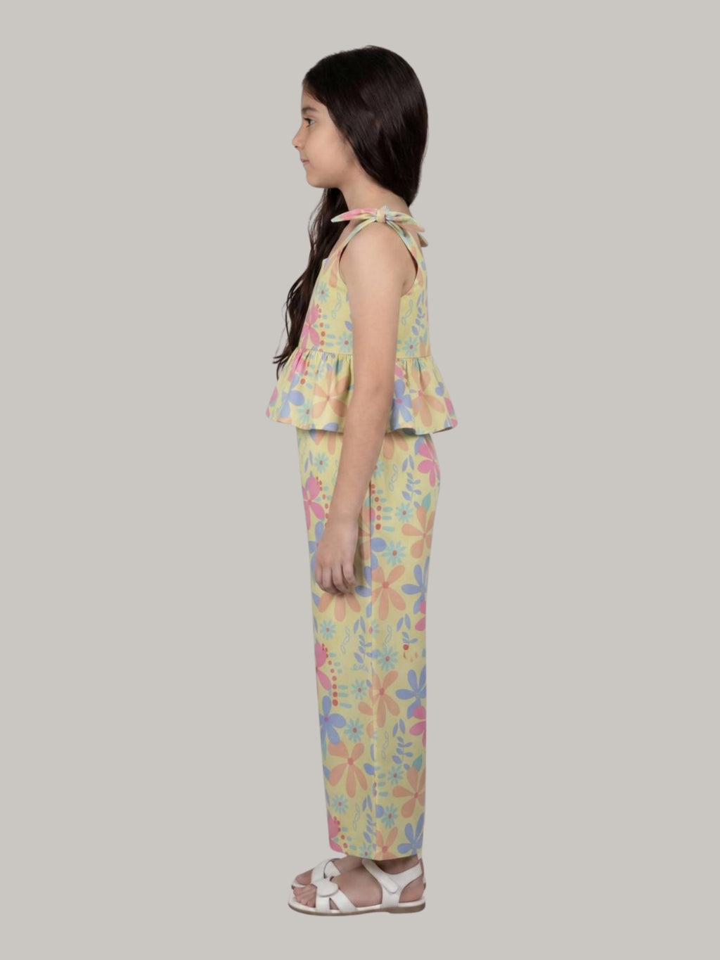 Girls Floral Printed Co-Ord Set with Tie-Up Shoulder Peplum Top & Wide Leg Pants