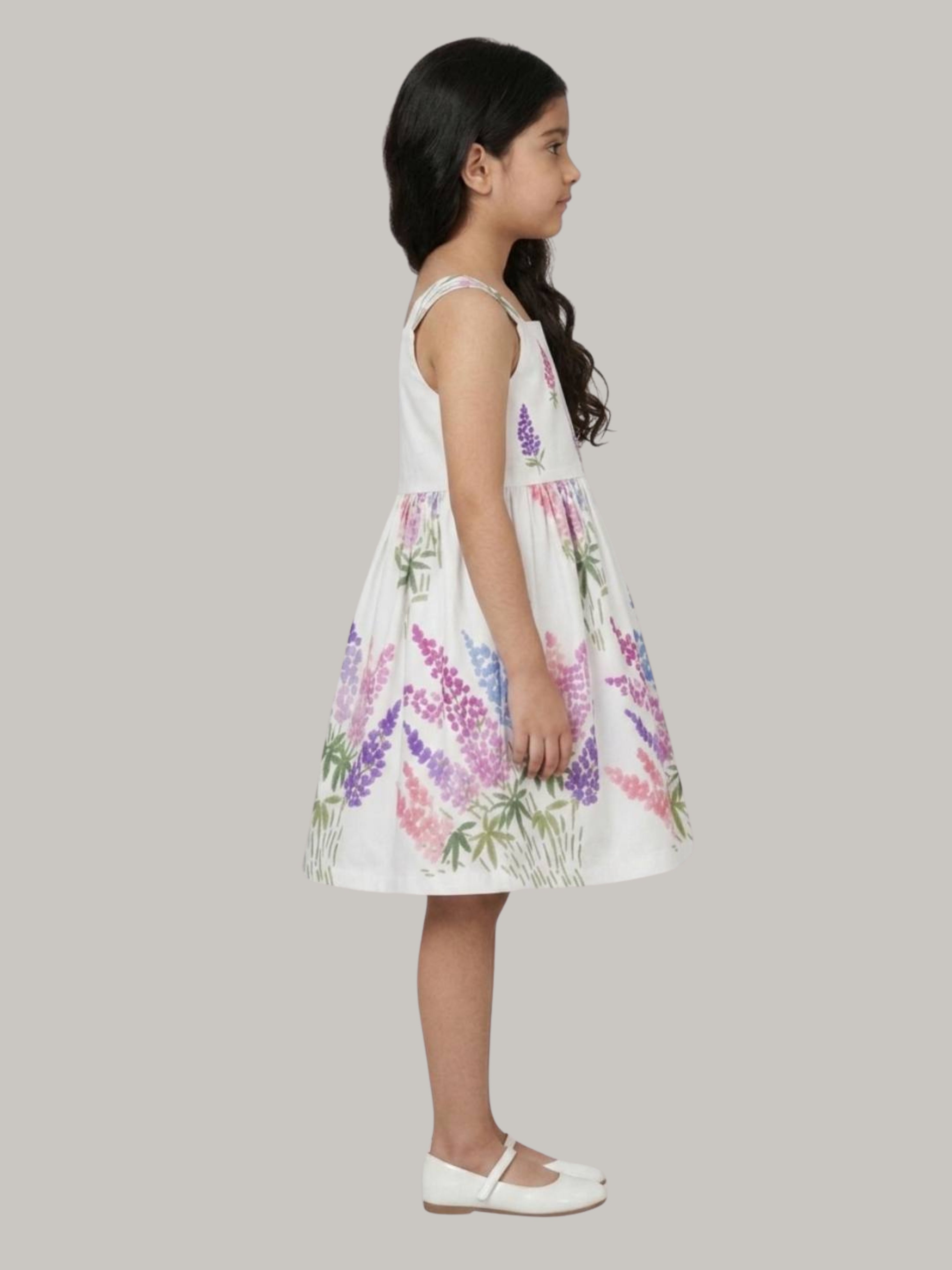Girls' White Floral Print Fit & Flare Party Dress with Pink Bow