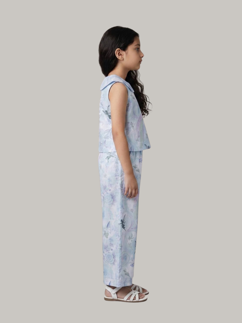 Girls' Elegant Blue Printed Top & Wide-Leg Pants Outfit