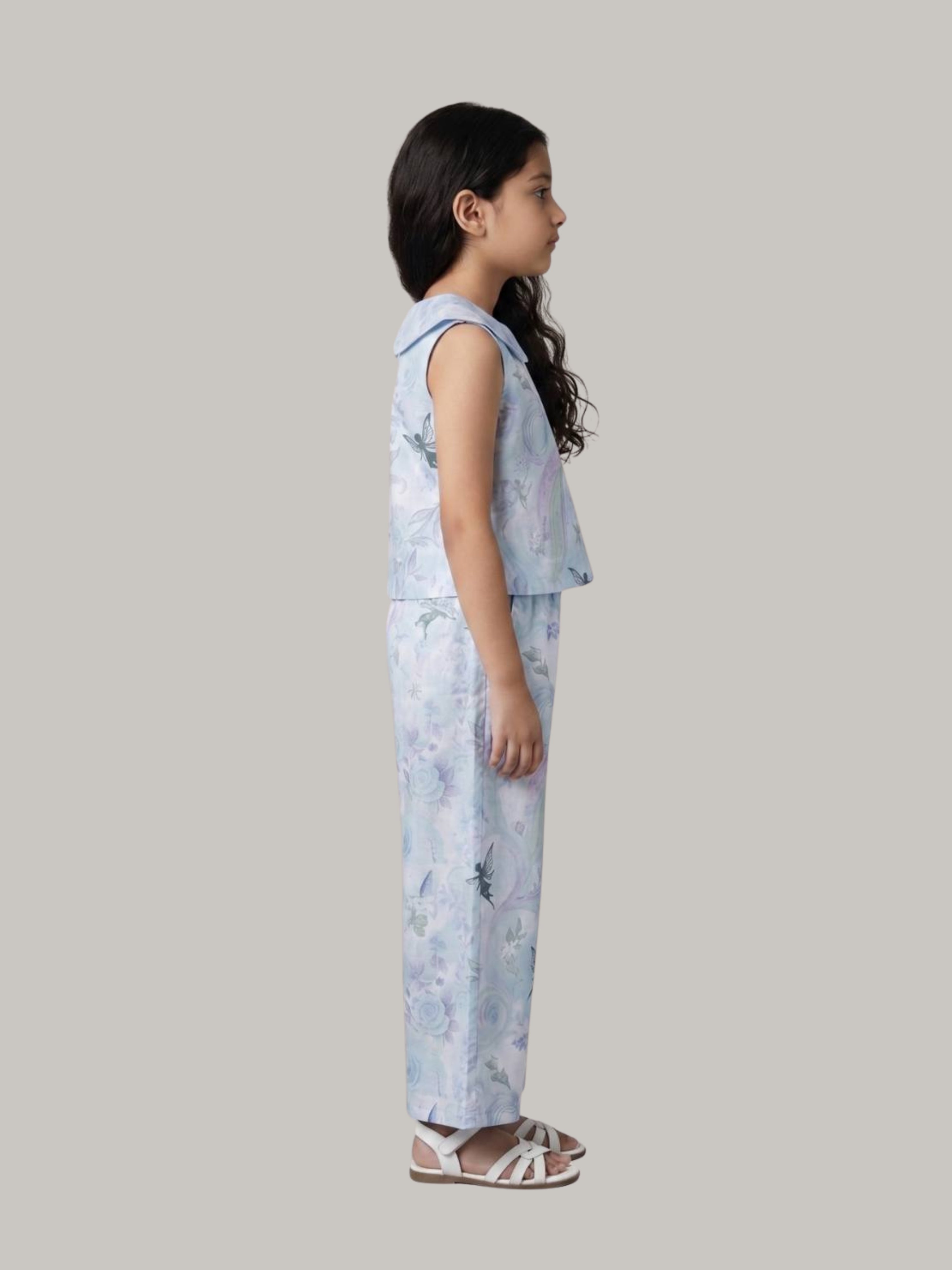 Girls' Elegant Blue Printed Top & Wide-Leg Pants Outfit