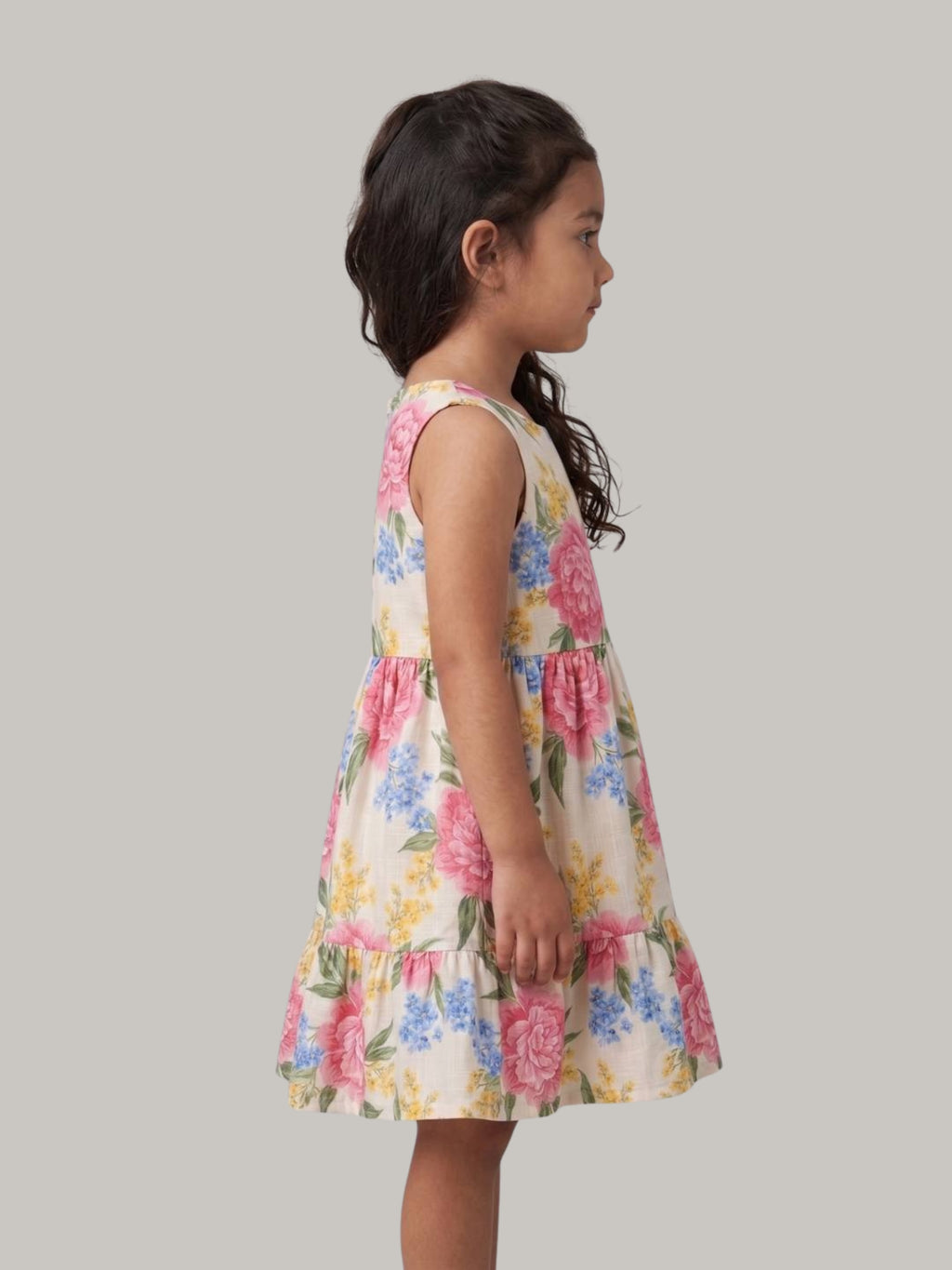 Girls Floral Sleeveless Tiered Cotton Dress