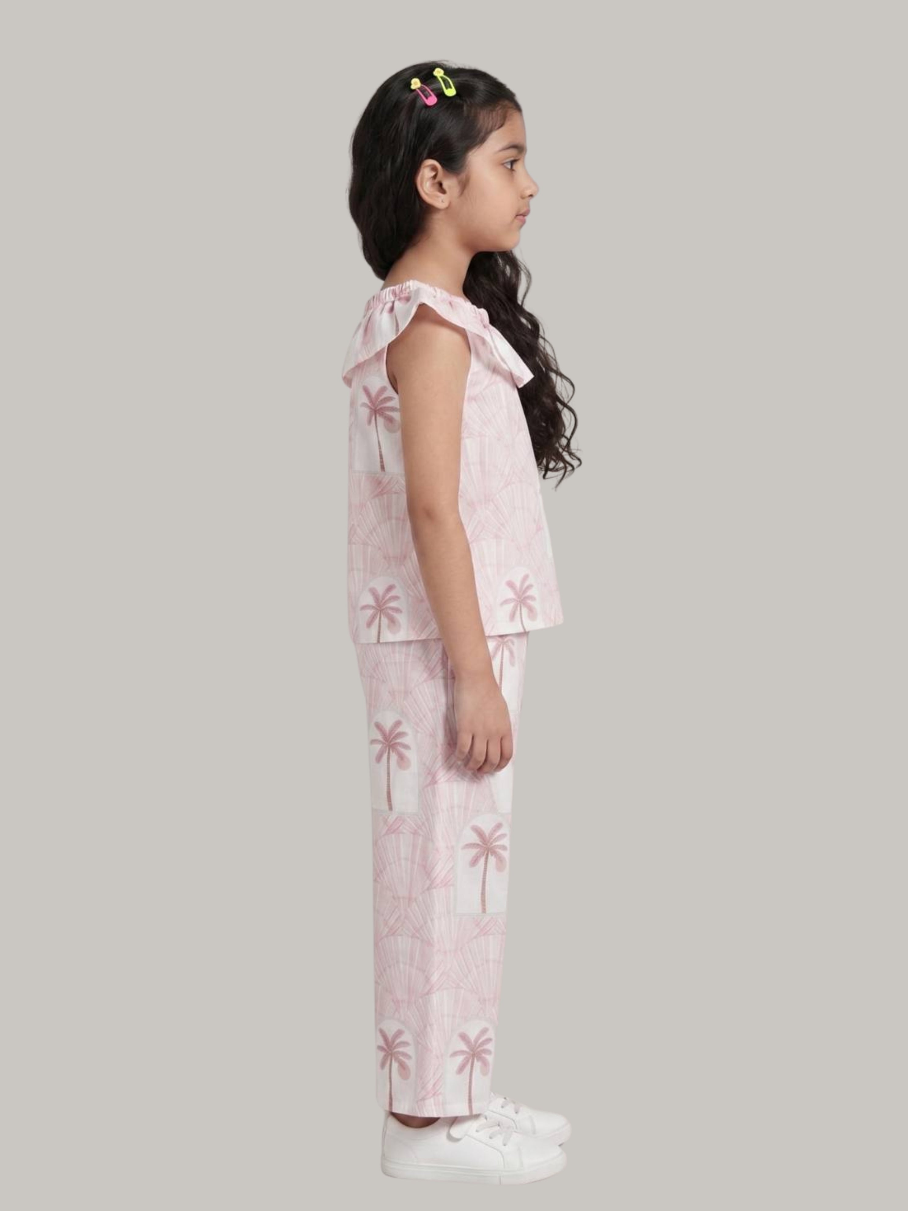 Girls' Pink Palm Tree Printed Co-Ord Set with Palazzo Pants