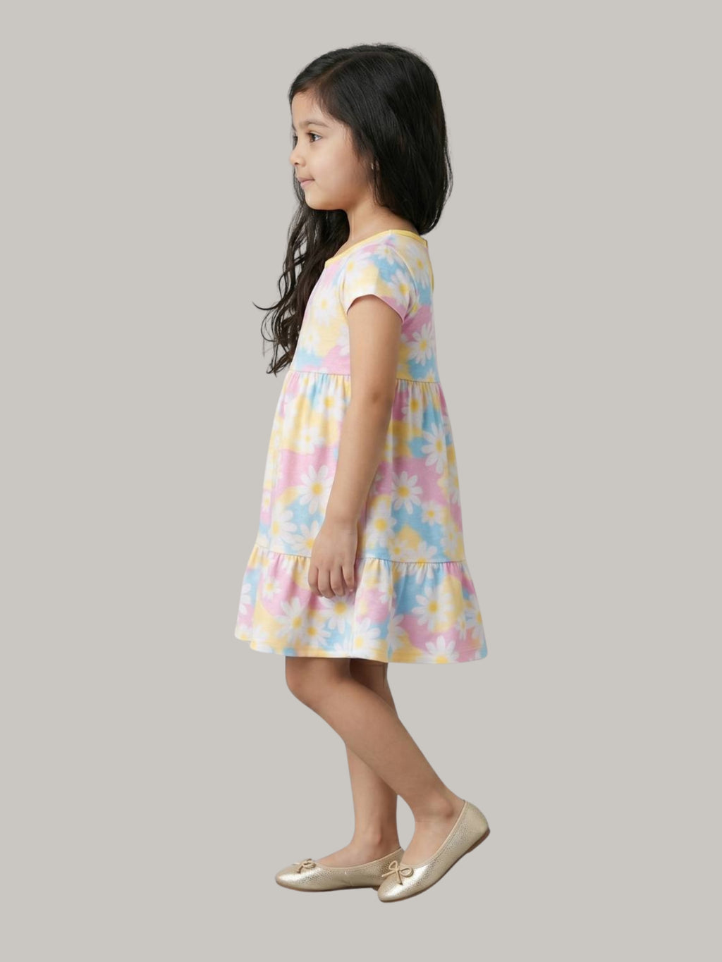 Girls' Pastel Floral Print Short Sleeve Dress