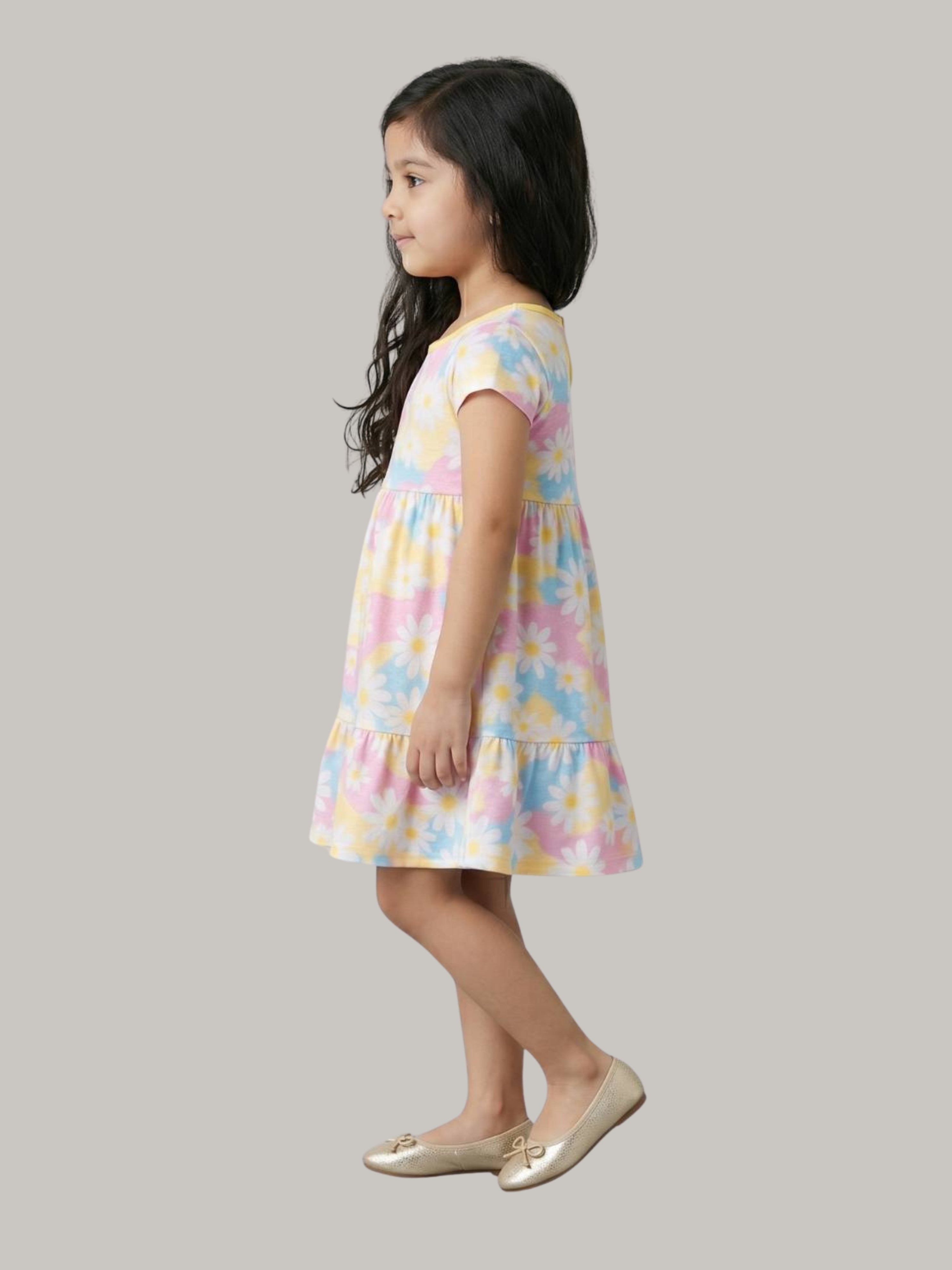 Girls' Pastel Floral Print Short Sleeve Dress