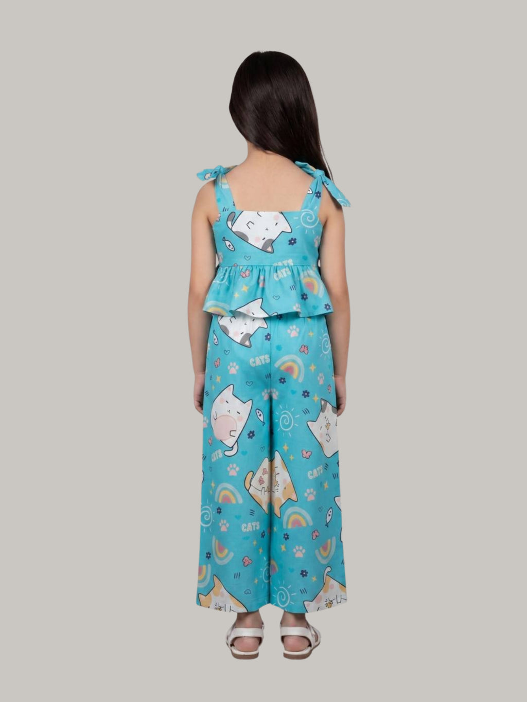 Girls Cat Print Co-Ord Set with Sleeveless Peplum Top & Wide Leg Pants