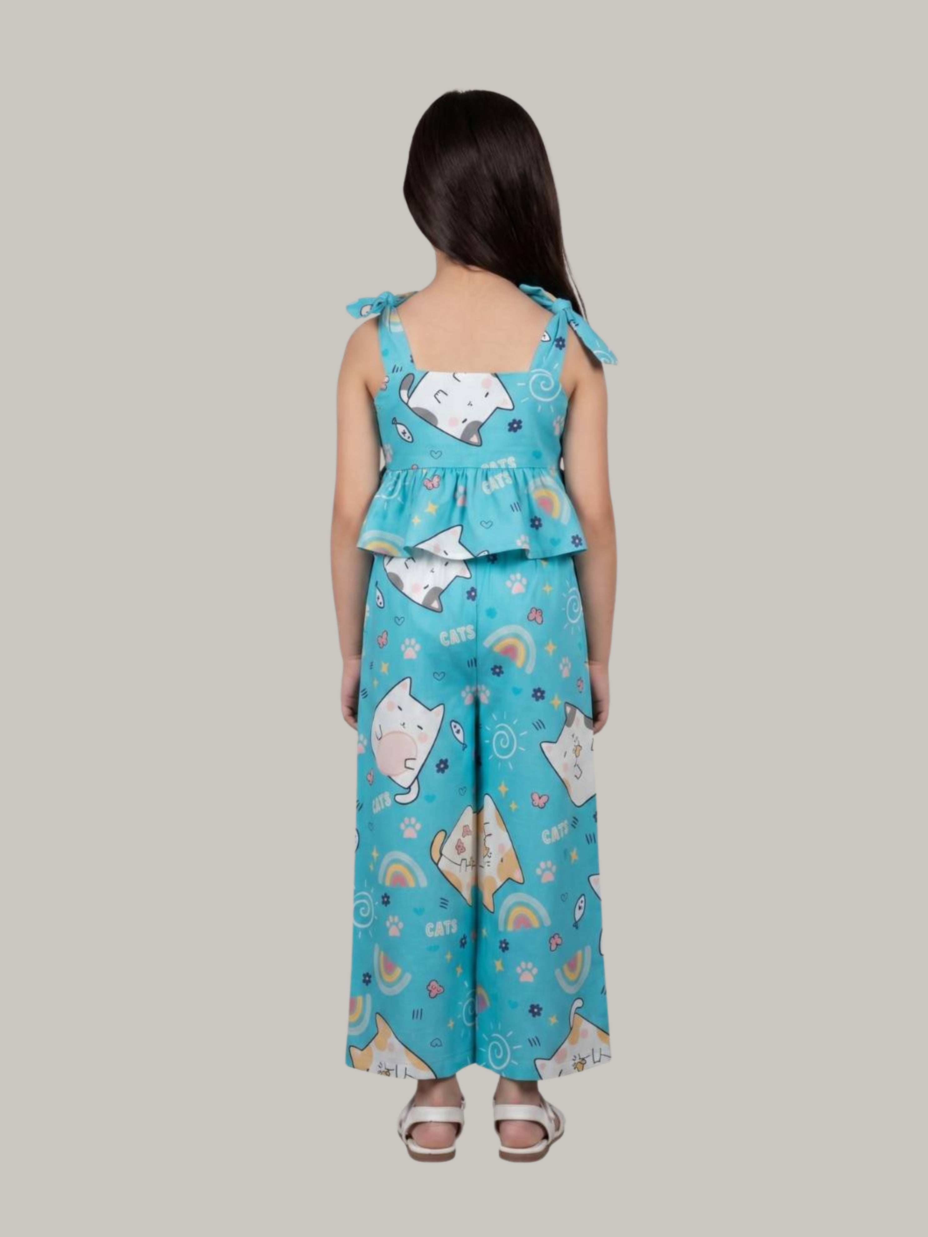 Girls Cat Print Co-Ord Set with Sleeveless Peplum Top & Wide Leg Pants