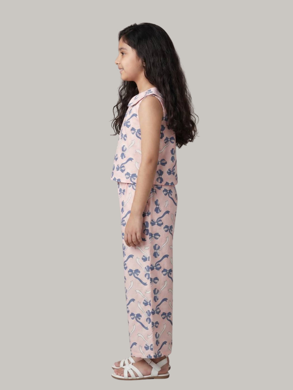 Girls Bow Print Co-Ord Set with Sleeveless Top & Straight Fit Pants