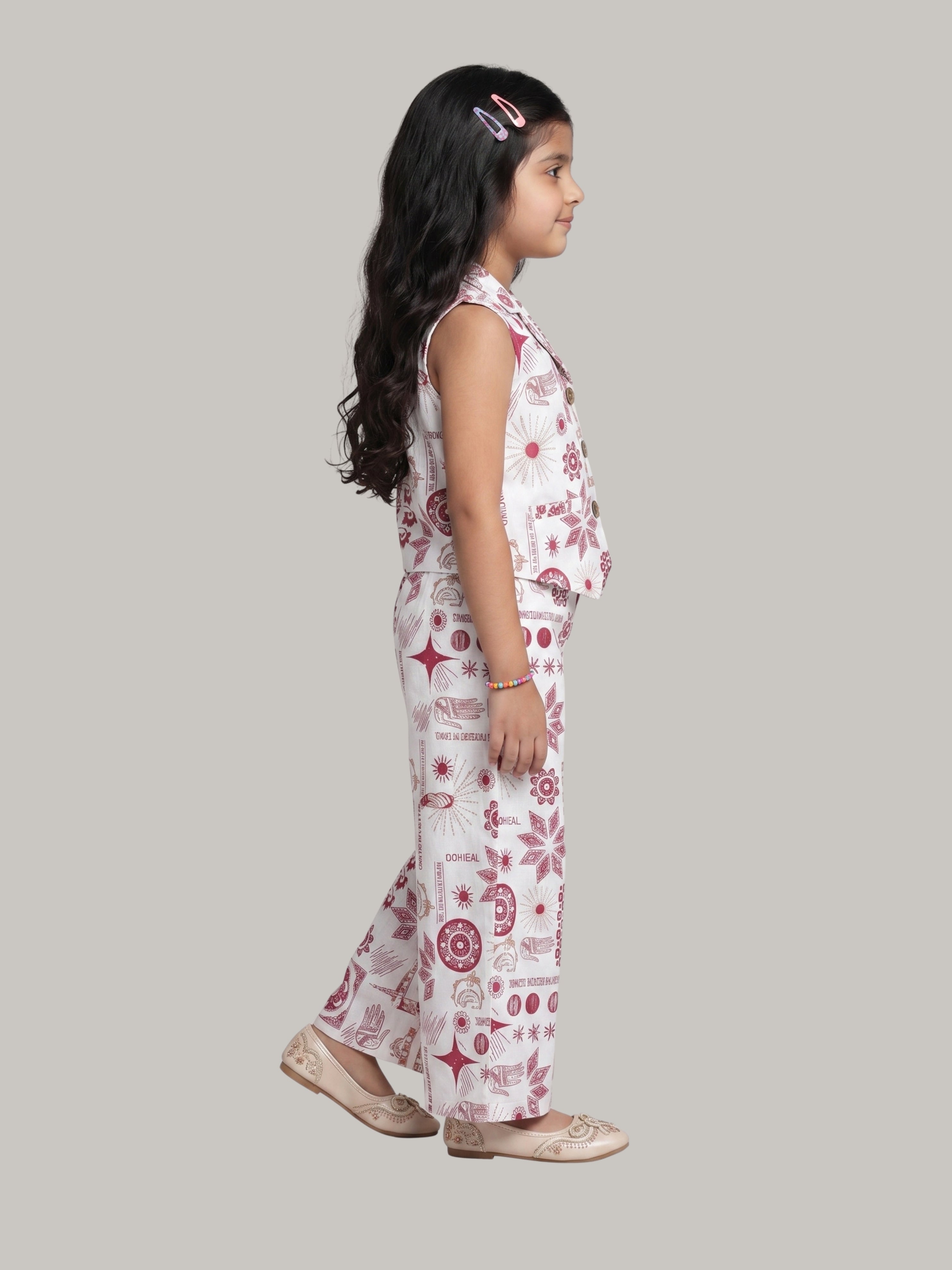 Girls Ethnic Printed Co-Ord Set with Sleeveless Buttoned Top & Wide Leg Pants