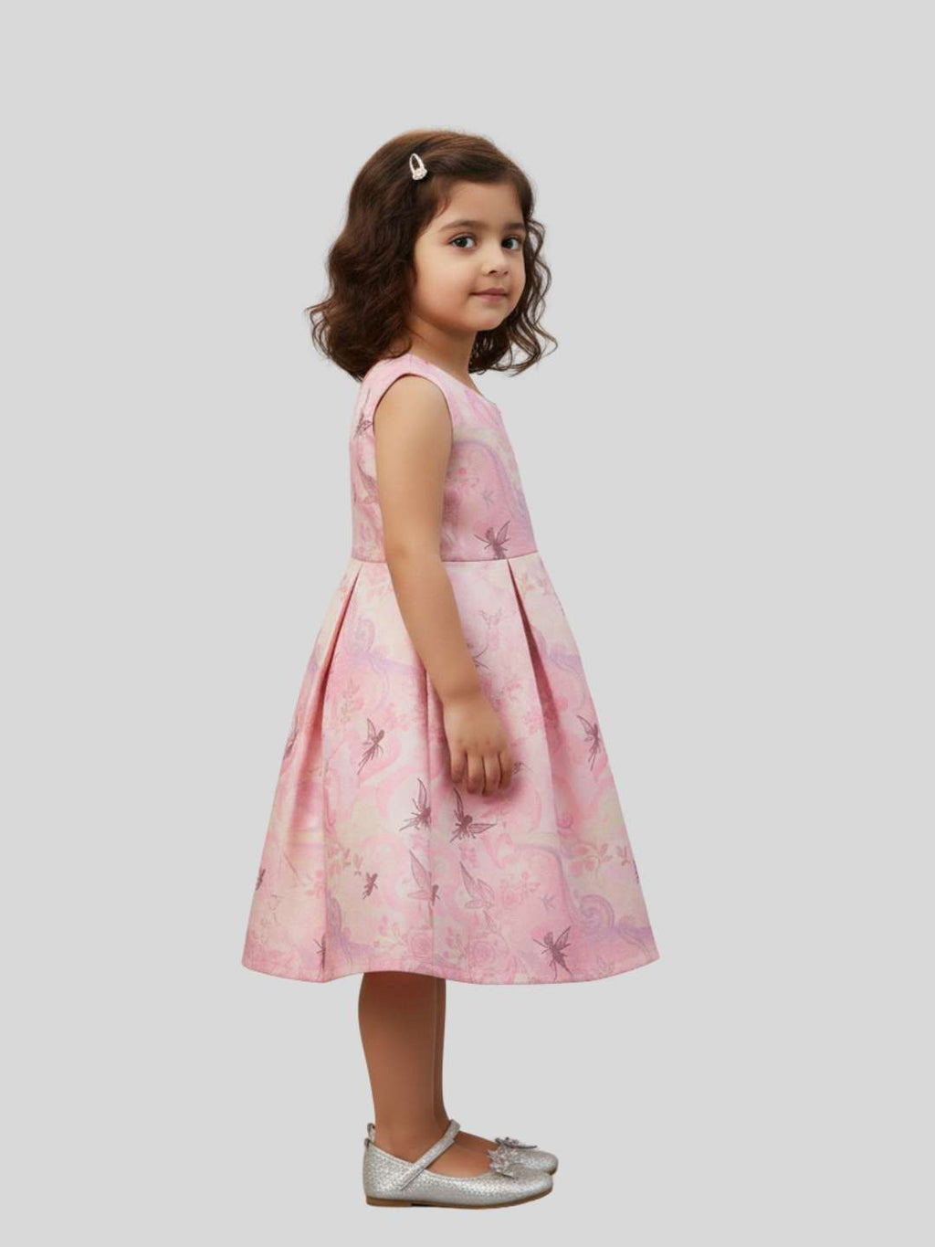 Girls Printed Sleeveless Party Wear Fit & Flare Dress with Bow Detail
