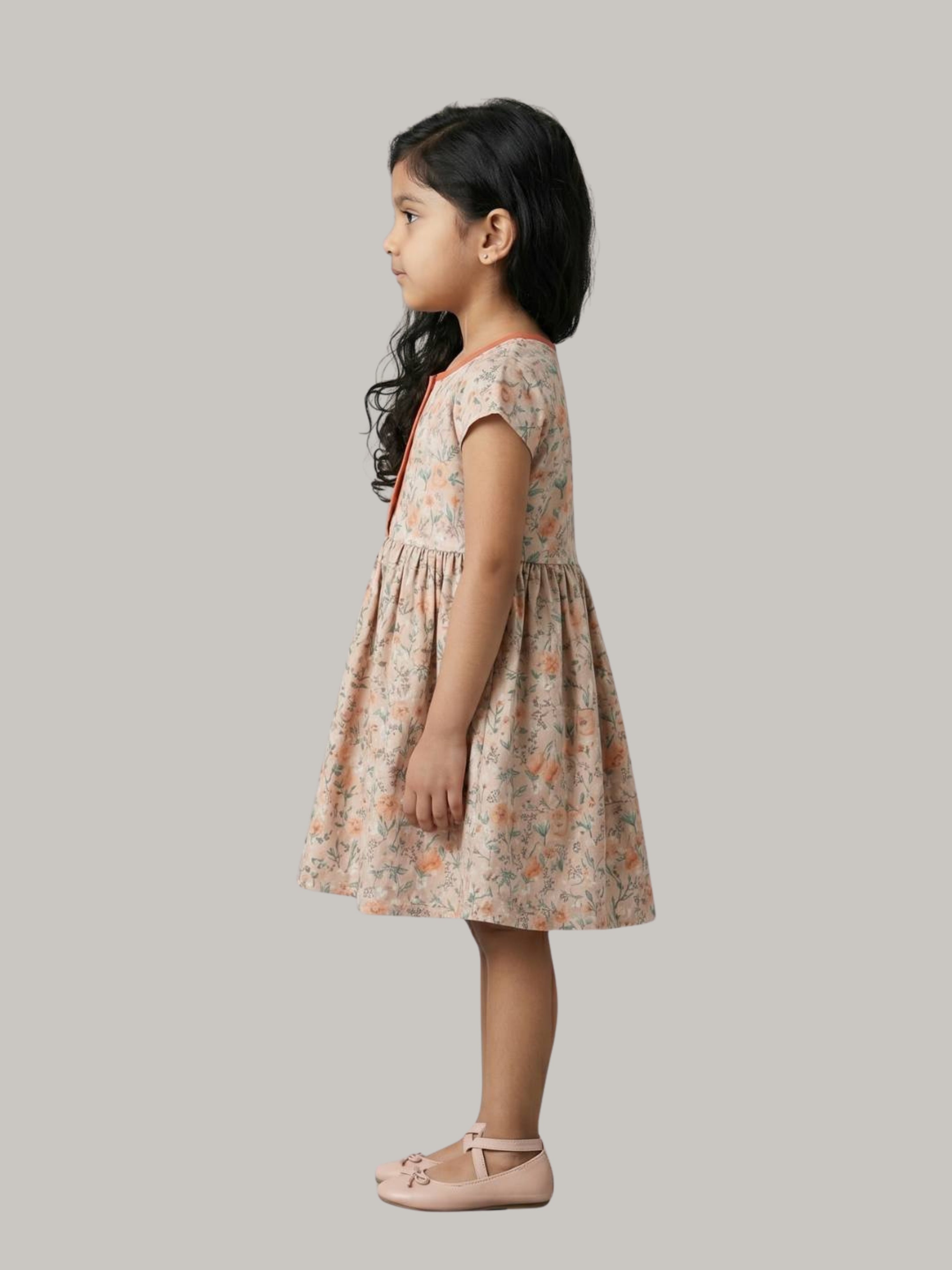 Girls' Peach Floral Print Fit & Flare Dress