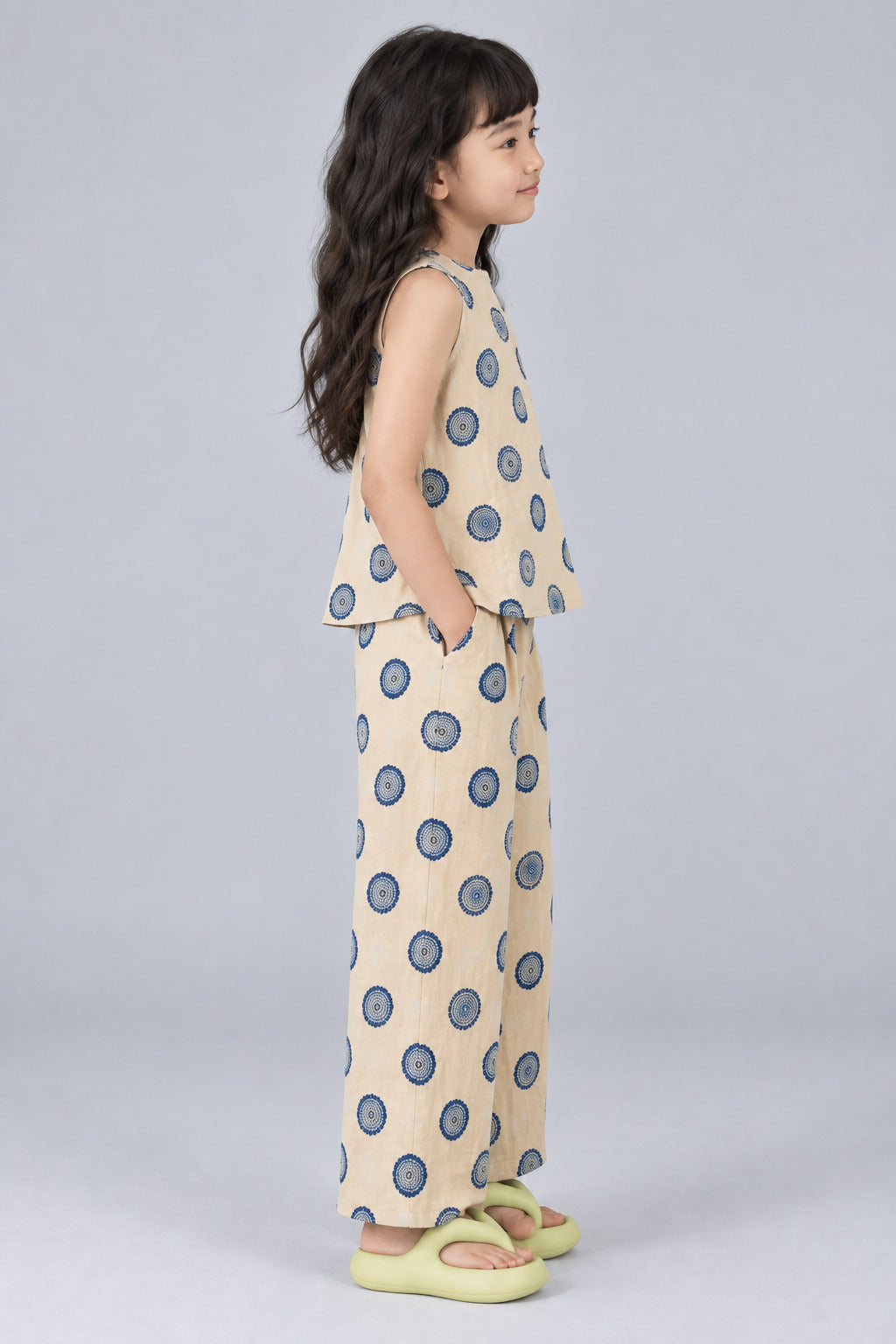 Girls’ Printed Sleeveless Round Neck Peplum Top with Wide-Leg Pants Co-Ord Set - Beige