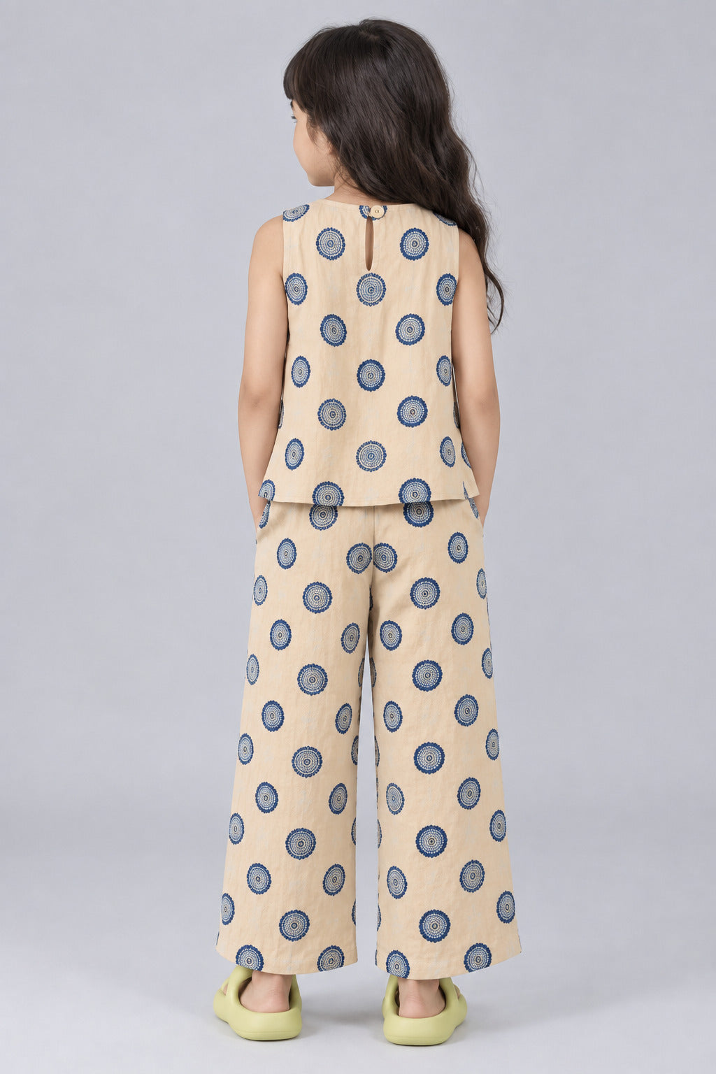 Girls’ Printed Sleeveless Round Neck Peplum Top with Wide-Leg Pants Co-Ord Set - Beige