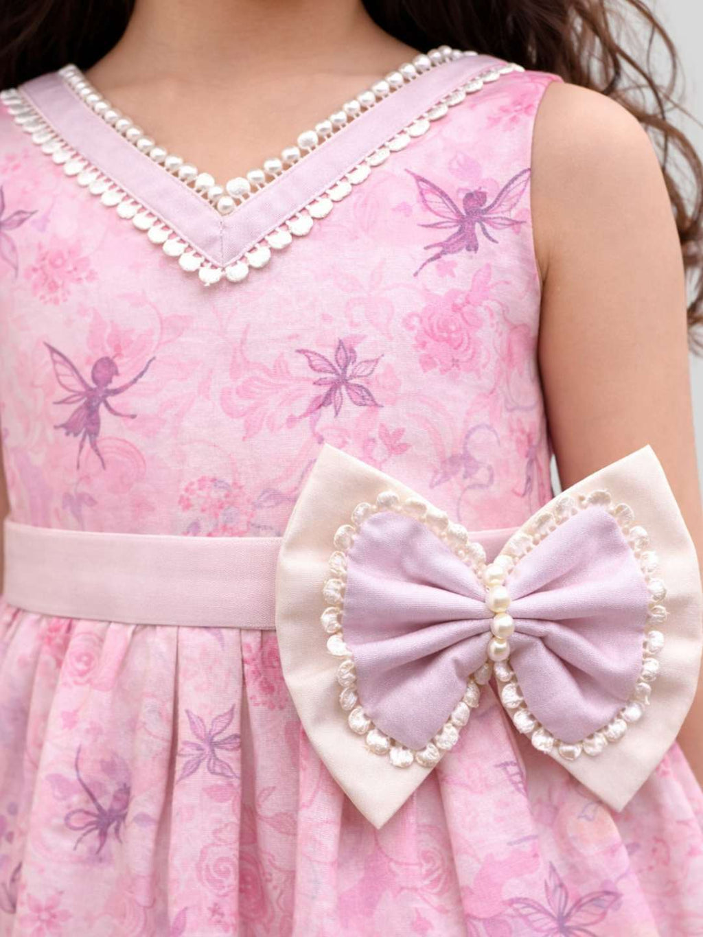 Girls Printed Sleeveless Party Wear Fit & Flare Dress with Bow Detail