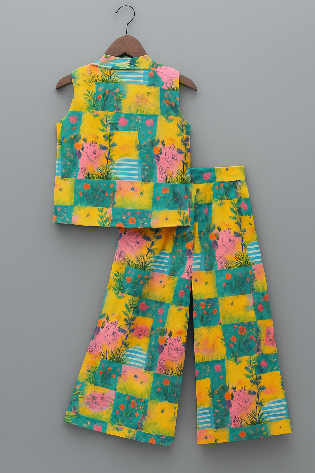 Kids Cat Print Cotton Co-ord Set – Sleeveless Collared Top & Matching Pants | Kevora Kidswear